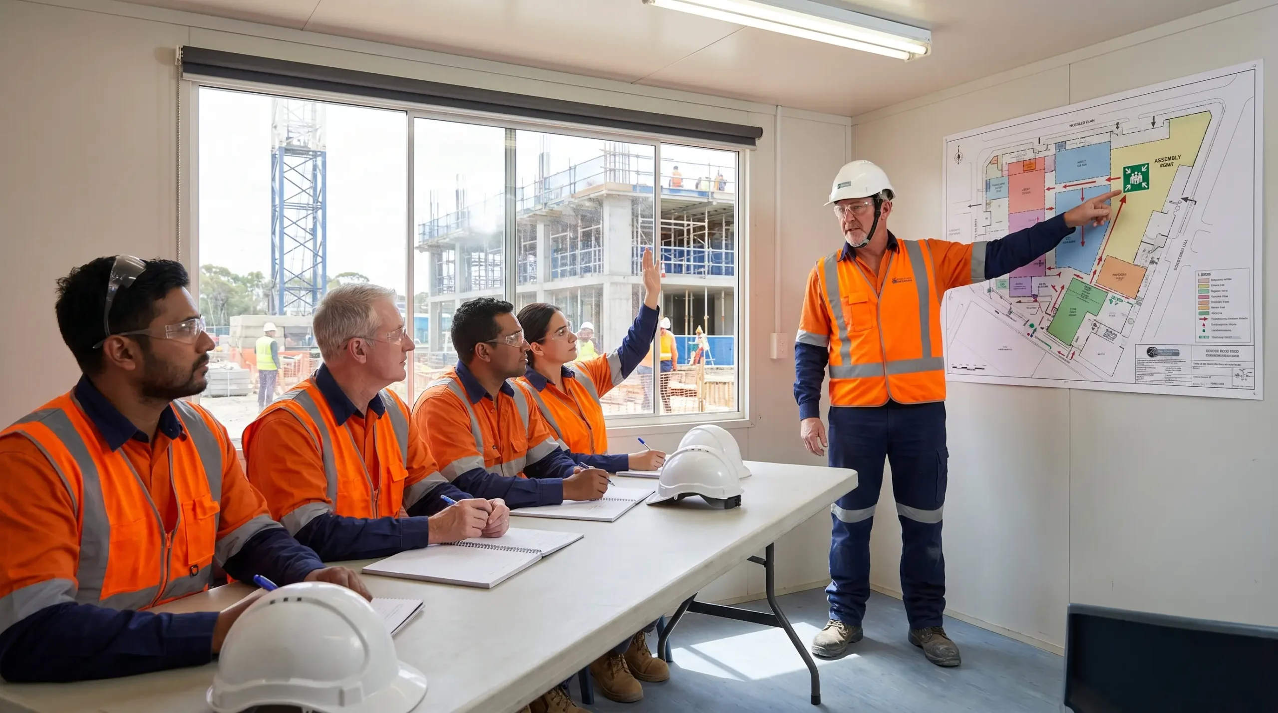 Construction supervisor in white hard hat and orange safety vest points to building site plan while conducting safety briefing with four workers at table in site office overlooking active construction project.