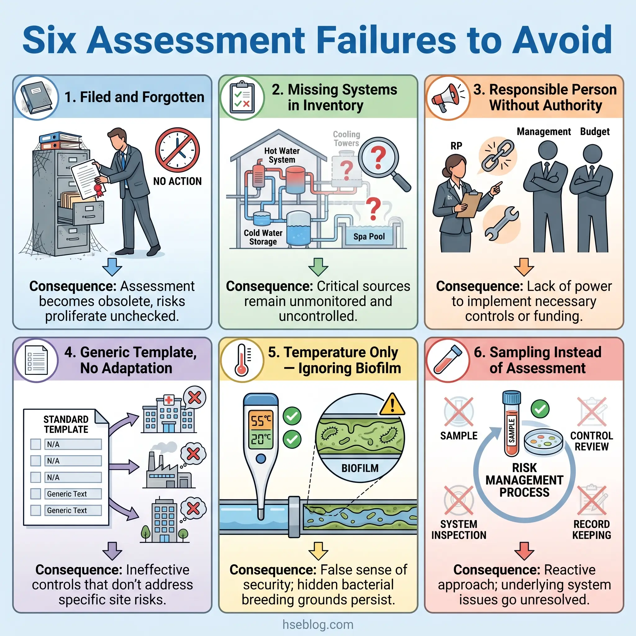 Infographic showing six common assessment failures in facility management: filed and forgotten documentation, missing systems in inventory, responsible persons without authority, generic templates without adaptation, temperature-only monitoring ignoring biofilm, and sampling instead of comprehensive risk assessment.