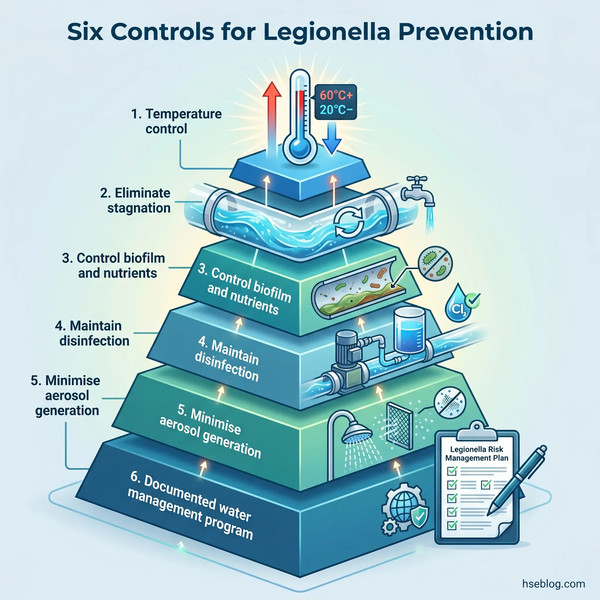 Pyramid diagram illustrating six layered controls for Legionella prevention, from temperature management at the top to documented water management programs at the base, with icons and a risk management checklist.