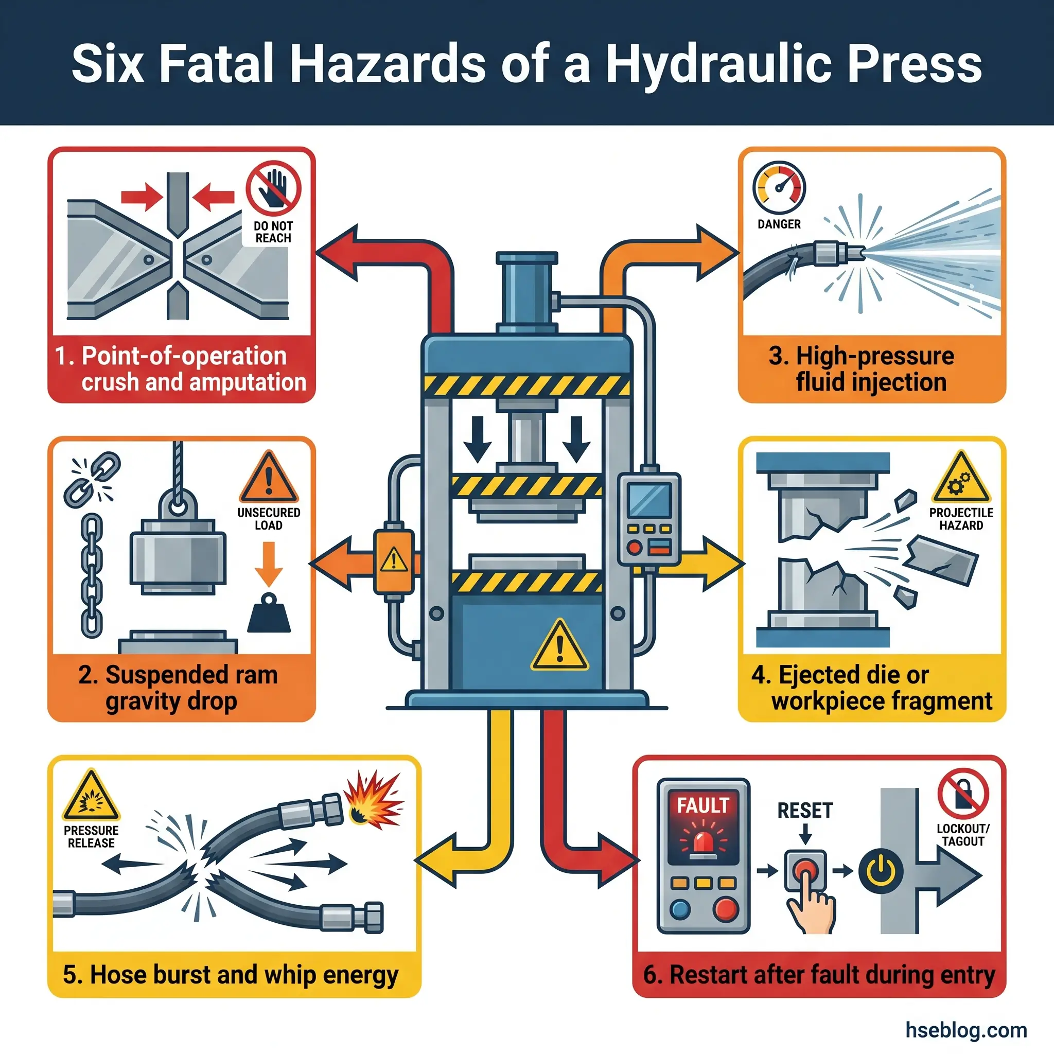 Infographic showing six fatal hazards of hydraulic presses: crushing at point of operation, suspended ram gravity drop, high-pressure fluid injection, ejected die fragments, hose burst whip energy, and restart after fault, each illustrated with warning icons and safety symbols.