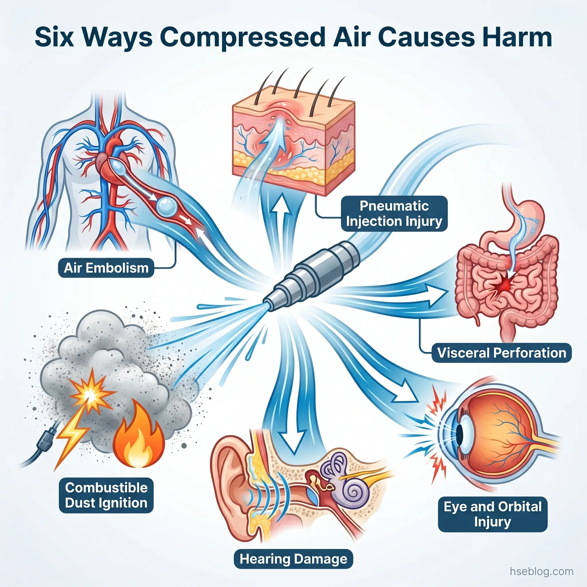 Infographic showing six hazards of compressed air: air embolism in cardiovascular system, pneumatic injection injury to skin, visceral perforation of intestines, combustible dust ignition explosion, hearing damage to ear, and eye and orbital injury.