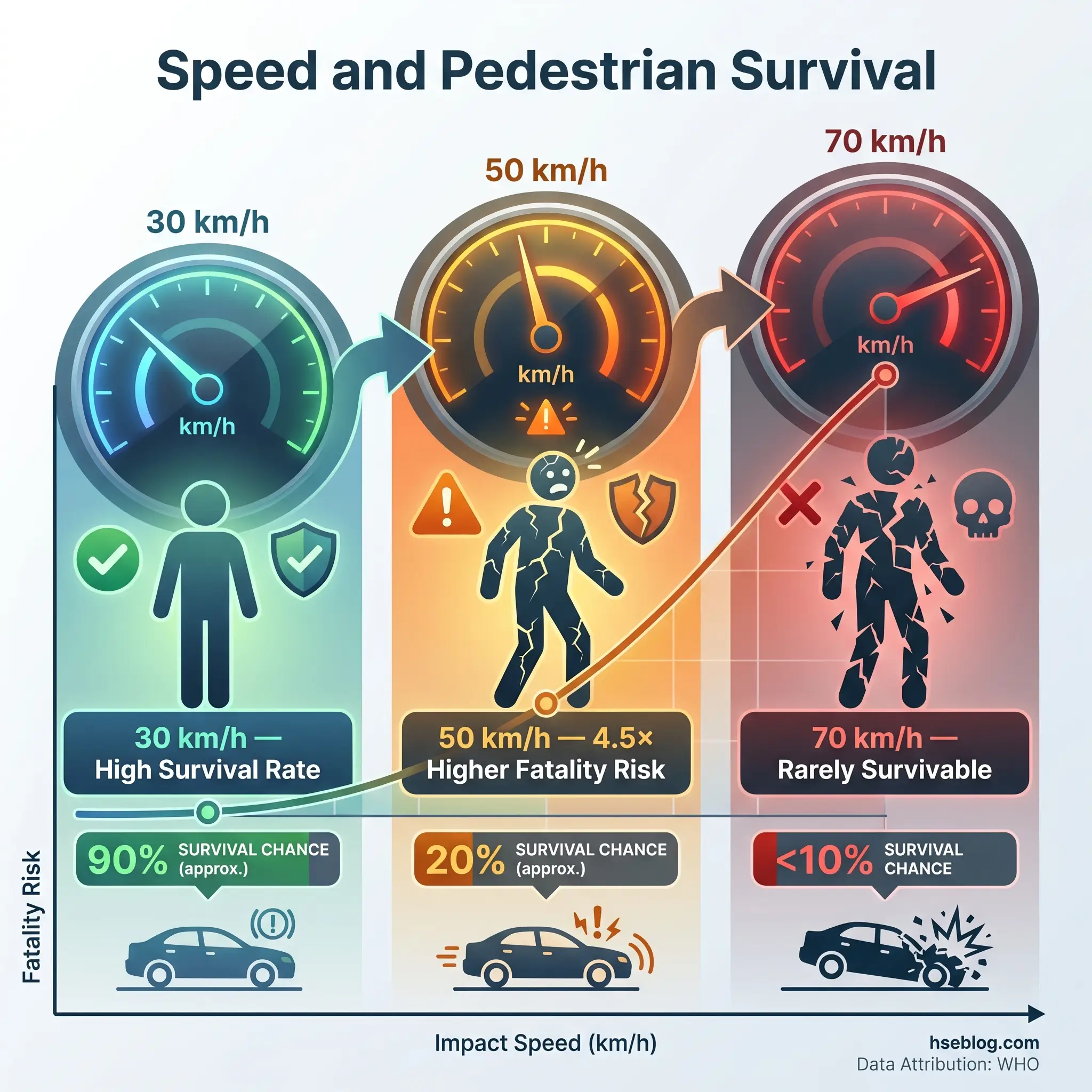 Infographic showing the relationship between vehicle impact speed and pedestrian survival rates, ranging from 90% survival at 30 km/h to less than 10% at 70 km/h, with associated injury risk indicators.