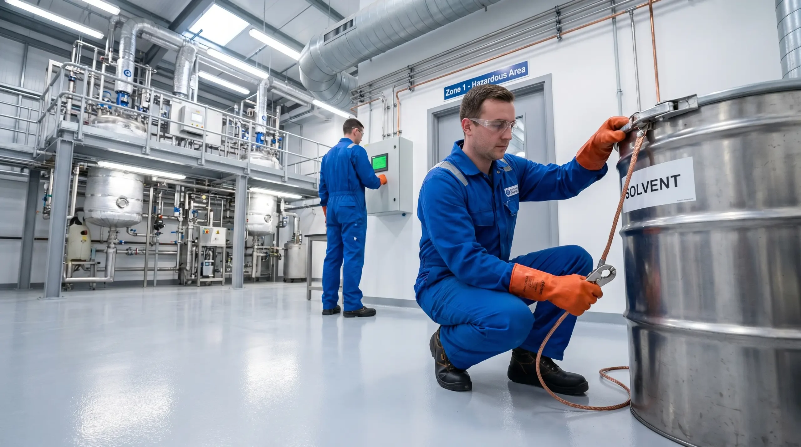 Industrial worker in blue coveralls and orange gloves operates equipment in a hazardous area facility, transferring solvent from a large storage tank while colleague monitors operations in the background.