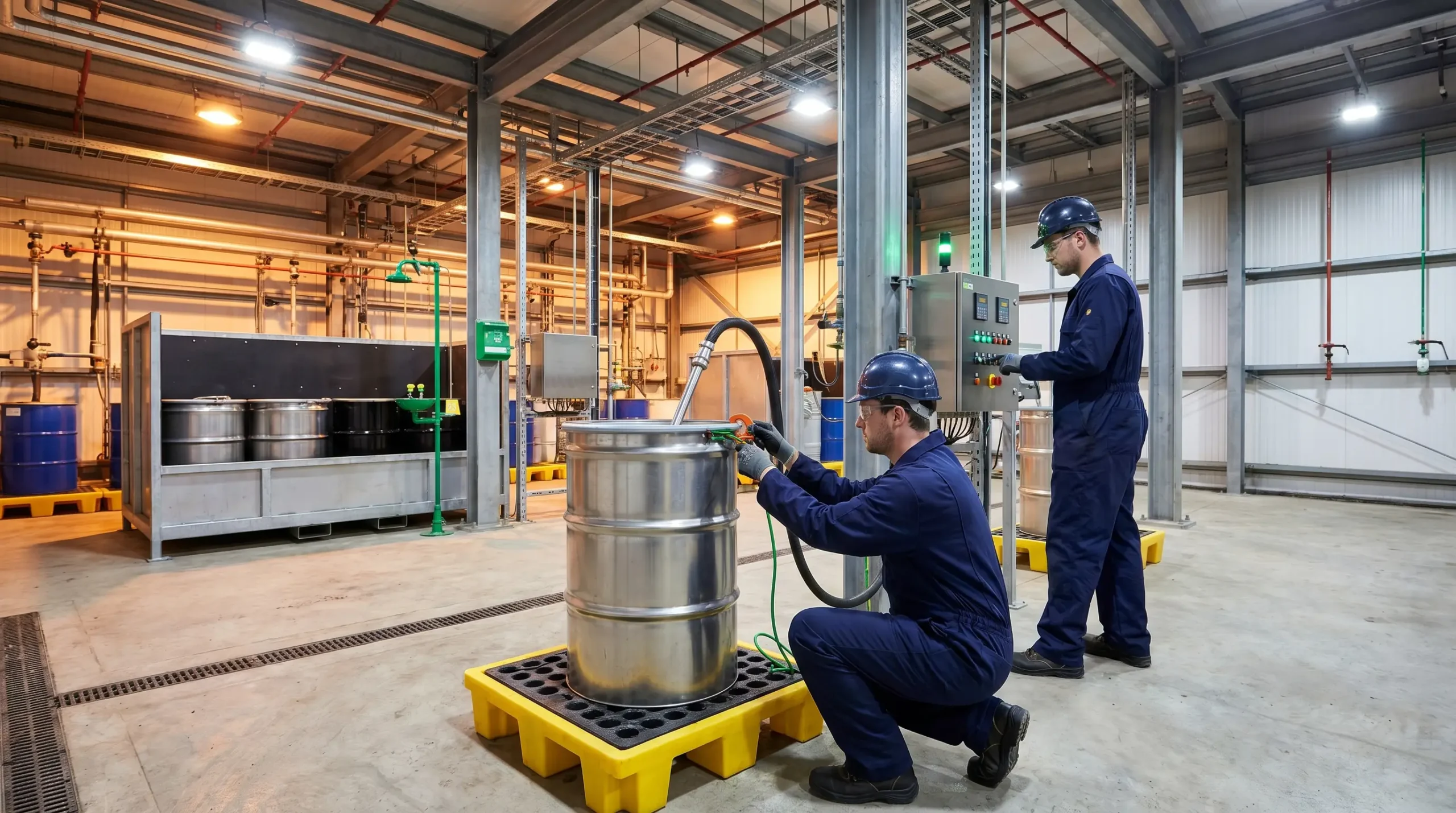 Two workers in hard hats and blue uniforms perform maintenance on industrial equipment in a large warehouse facility with steel beams, piping, and control panels.
