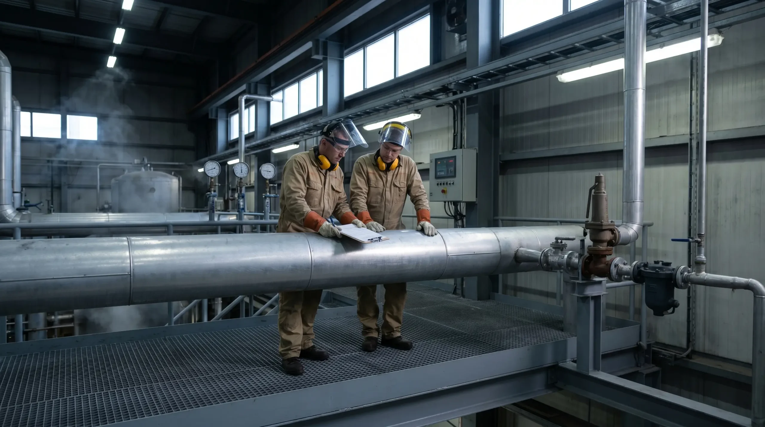 Two industrial workers in safety gear inspect a large metal pipeline in a manufacturing facility with control panels and pressure gauges visible in the background.