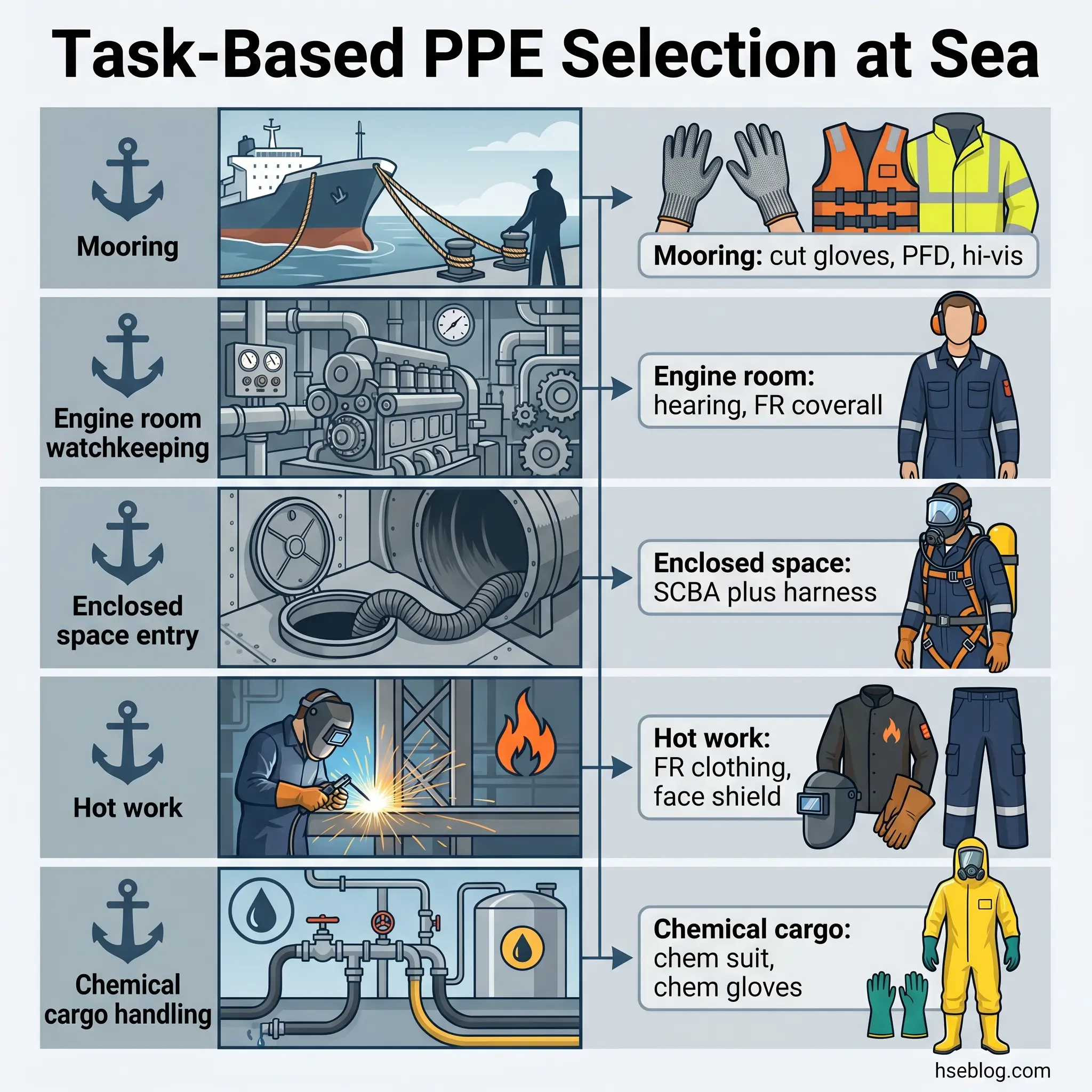 Infographic showing task-based personal protective equipment selection for maritime workers, including mooring, engine room, enclosed spaces, hot work, and chemical cargo handling with corresponding safety gear.