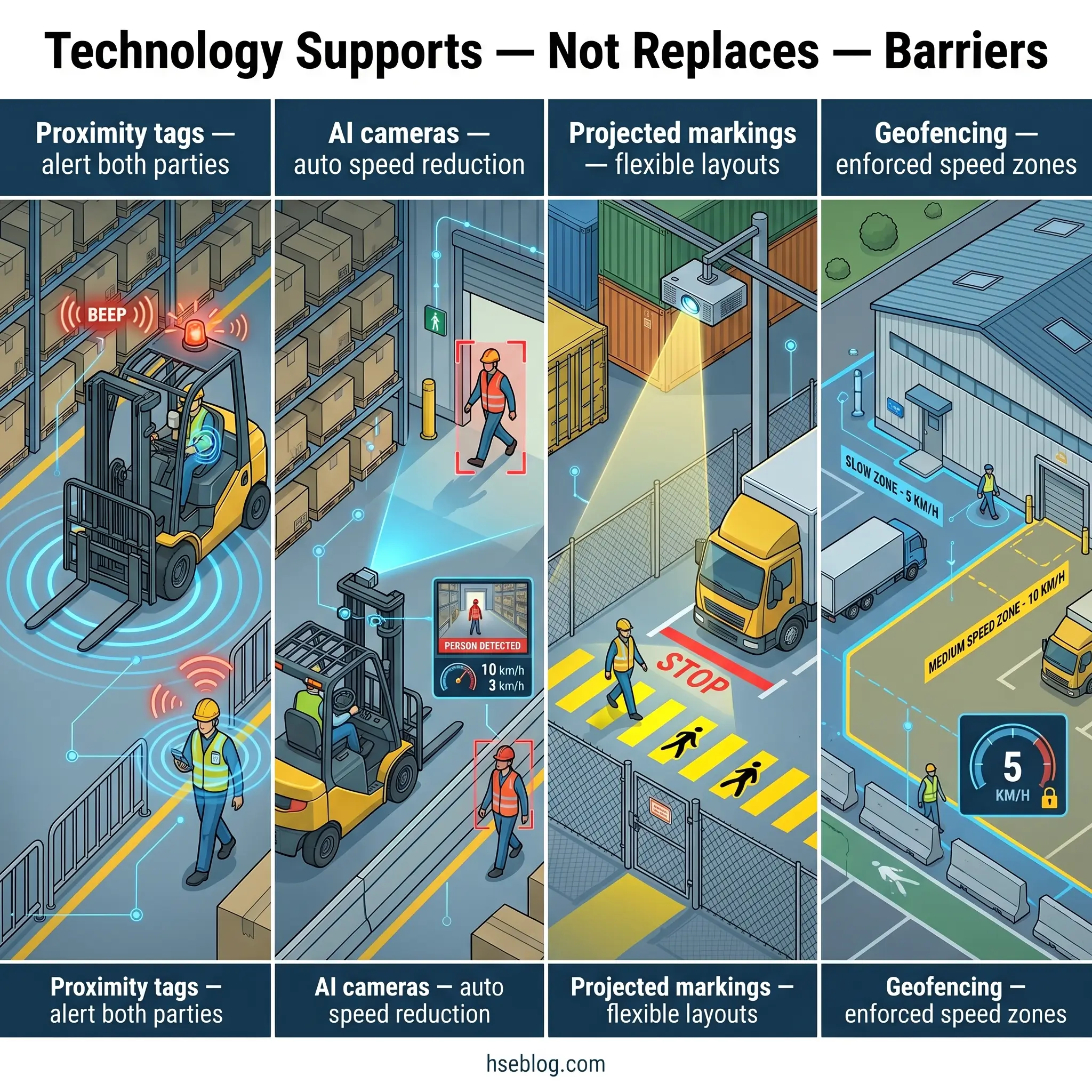 Infographic showing four warehouse safety technologies: proximity tags alerting workers and forklifts, AI cameras detecting people and reducing vehicle speed, projected floor markings for flexible layouts, and geofencing to enforce speed zones in different areas.