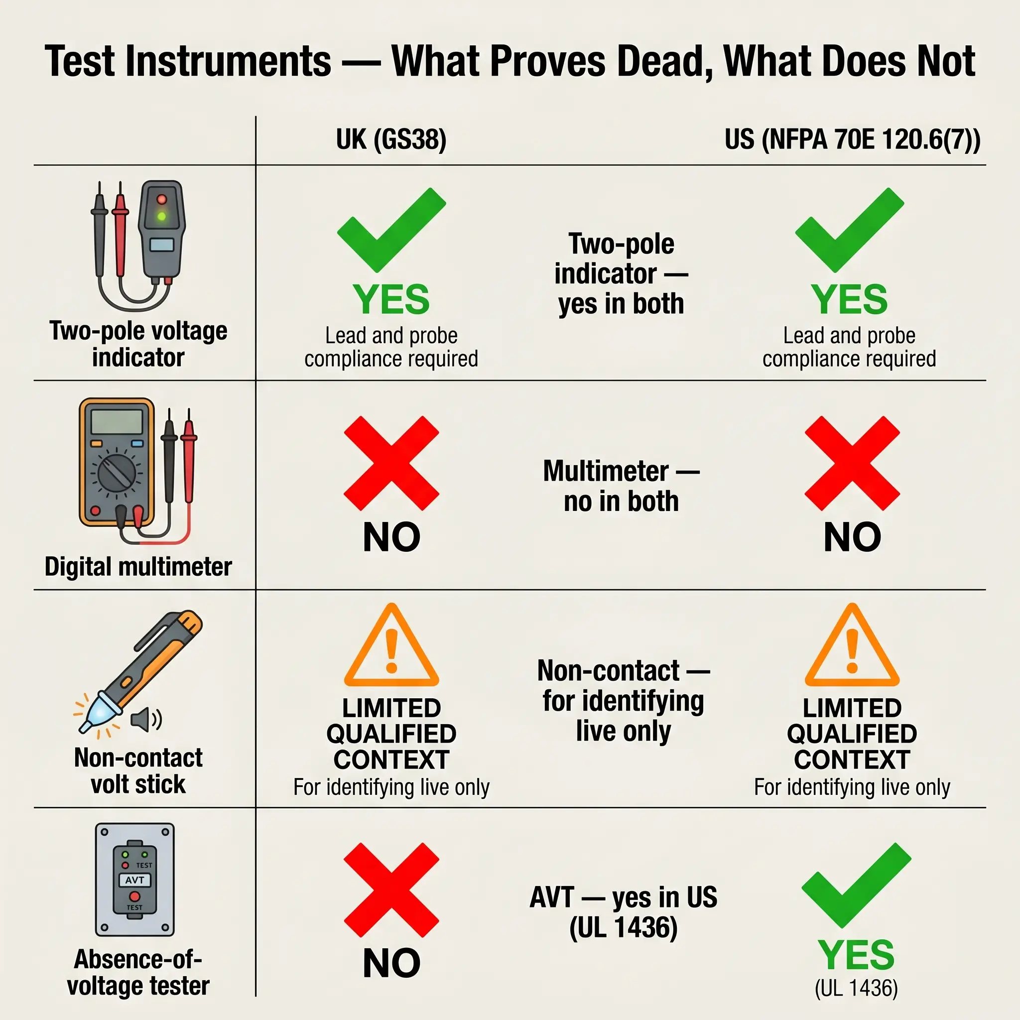 Comparison chart showing which electrical test instruments comply with UK and US safety standards, with two-pole indicators and AVT testers approved and multimeters prohibited.