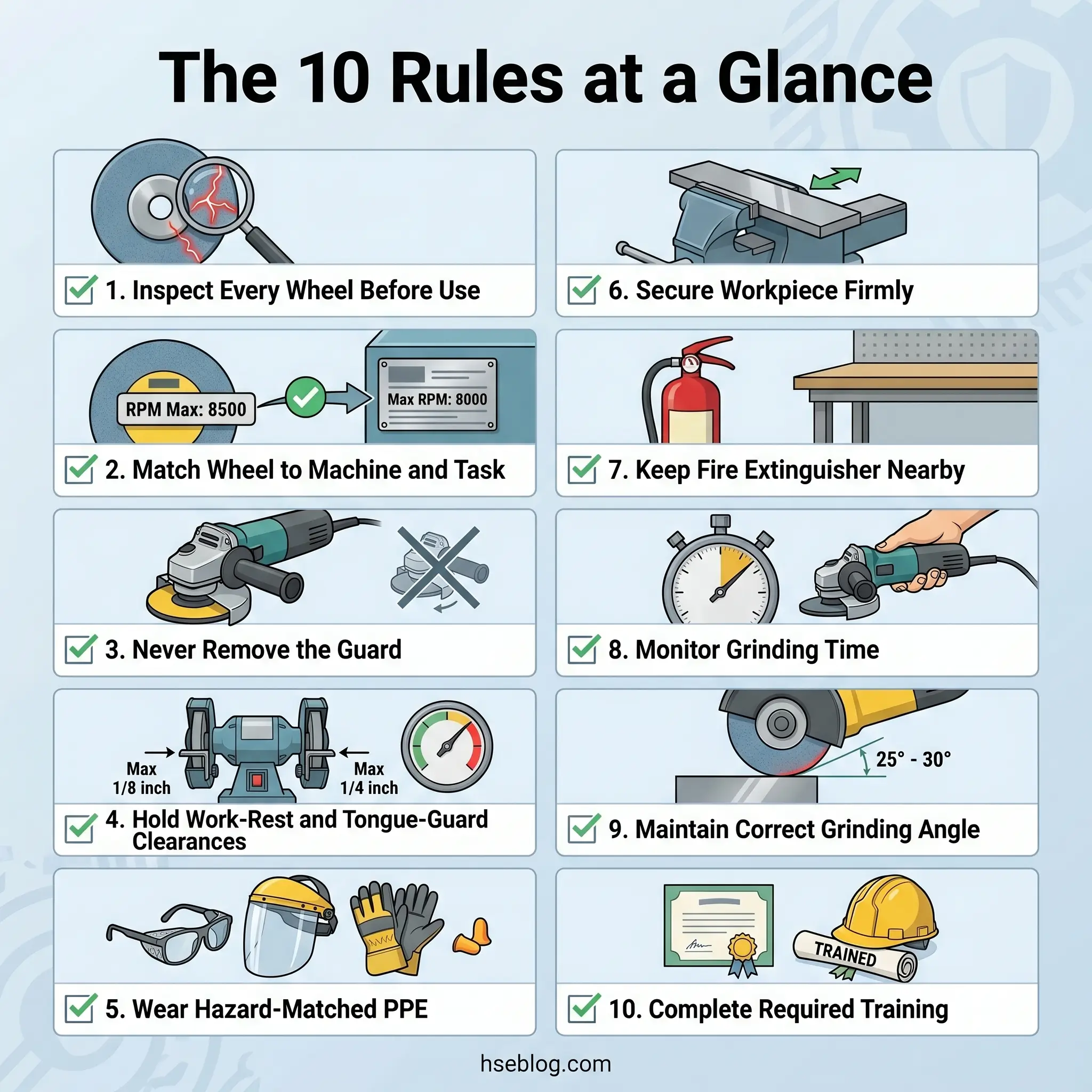 Infographic displaying 10 essential safety rules for operating angle grinders, including wheel inspection, PPE requirements, guard safety, work-rest clearances, grinding angle and time monitoring, and operator training certification.