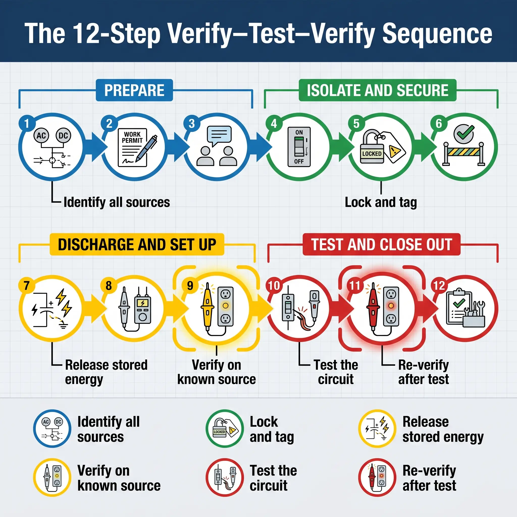 Infographic showing the 12-step Verify-Test-Verify sequence for electrical safety, organized into four phases: Prepare, Isolate and Secure, Discharge and Set Up, and Test and Close Out, with icons illustrating each step.