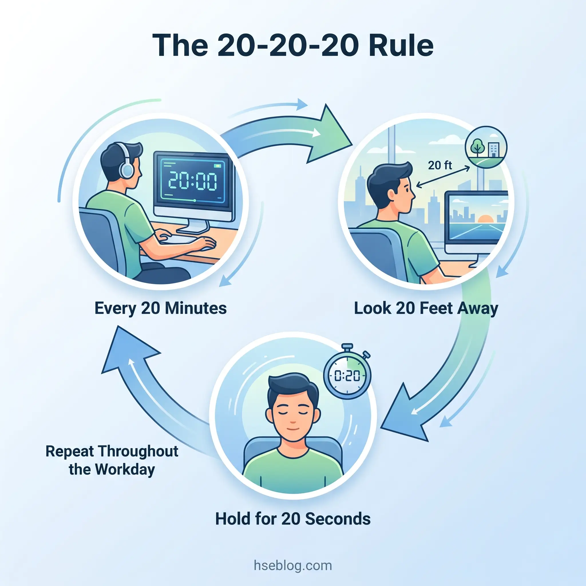 Infographic illustrating the 20-20-20 rule for eye strain relief: every 20 minutes, look 20 feet away for 20 seconds, repeated throughout the workday to reduce digital eye fatigue.