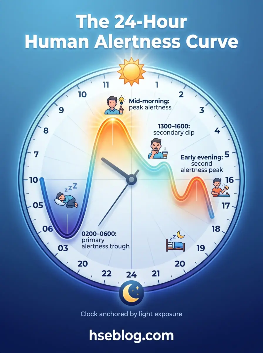 A 24-hour clock diagram showing the human alertness curve throughout the day, with peak alertness in mid-morning, a secondary dip at 1-4pm, and another peak in early evening, with lowest alertness during early morning hours.