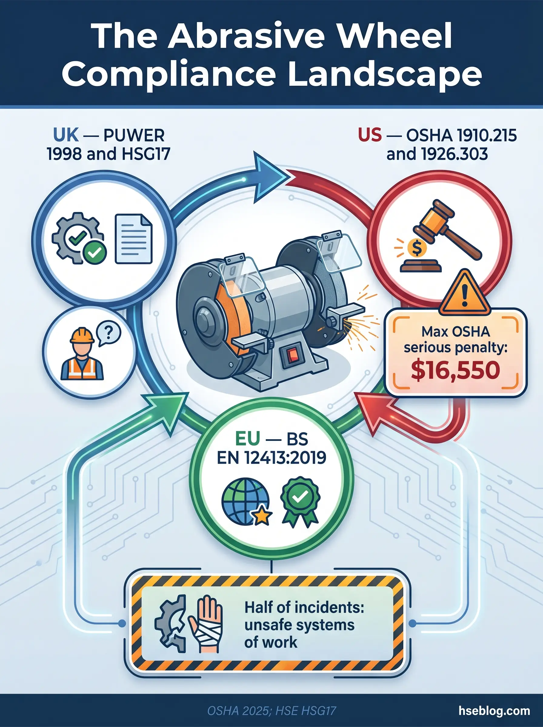 Infographic comparing abrasive wheel compliance regulations across UK, US, and EU standards, showing an industrial grinding wheel in the center with regulatory frameworks, penalties, and safety incident statistics.