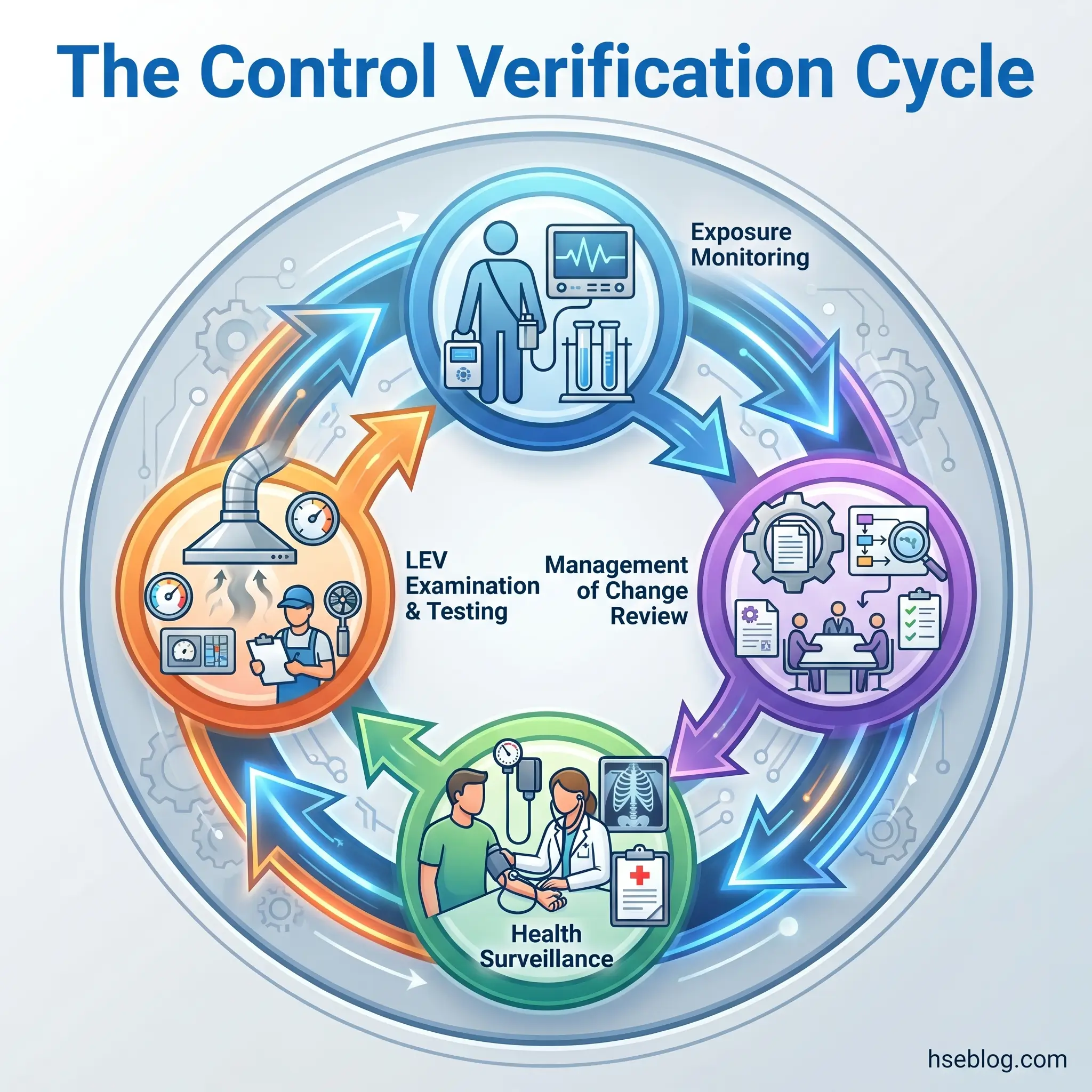 Circular diagram showing the four stages of the Control Verification Cycle: Exposure Monitoring, Management of Change Review, Health Surveillance, and LEV Examination & Testing, connected by directional arrows in a continuous process flow.