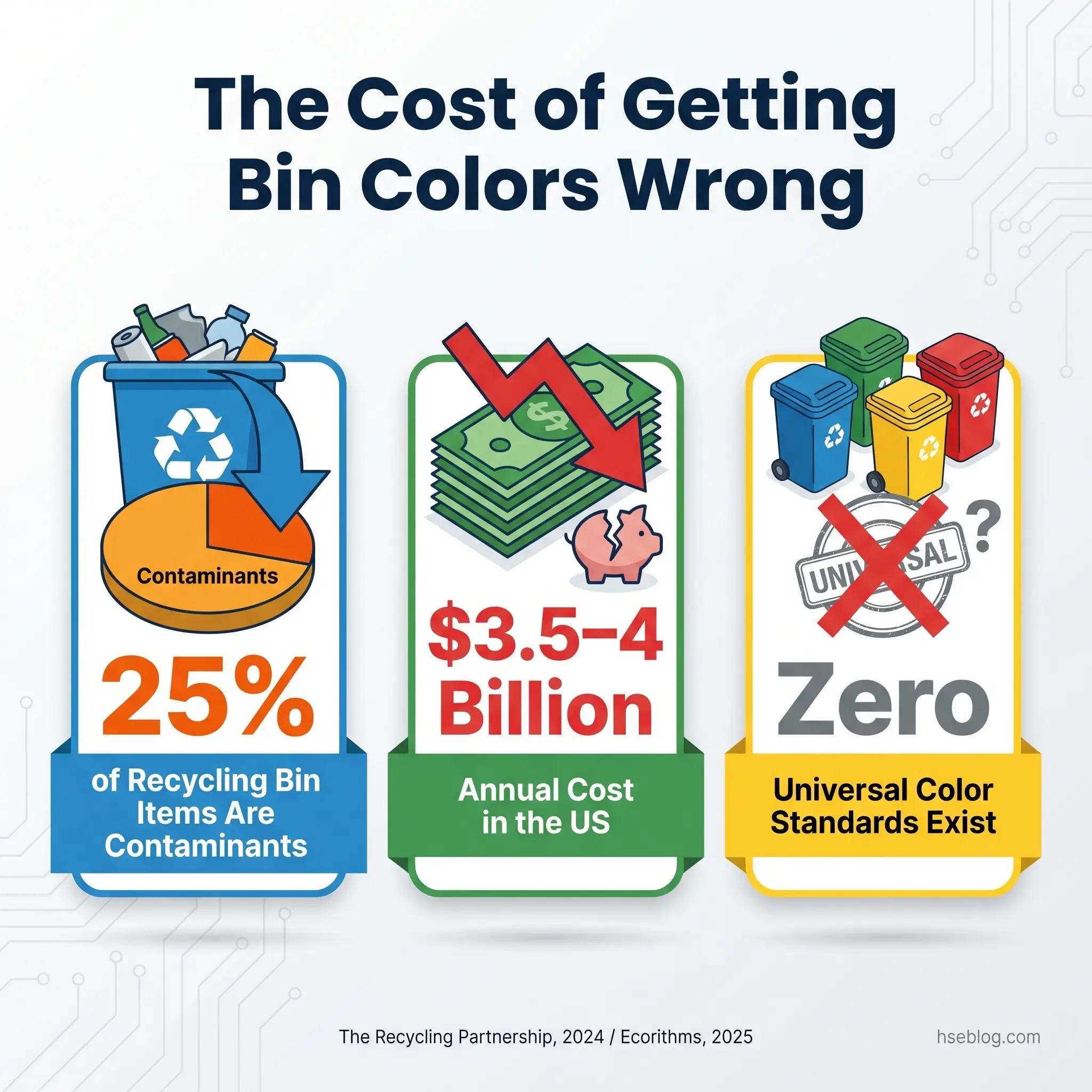 Infographic showing three consequences of incorrect recycling bin colors: 25% contamination rate, $3.5-4 billion annual US cost, and lack of universal color standards for recycling bins.