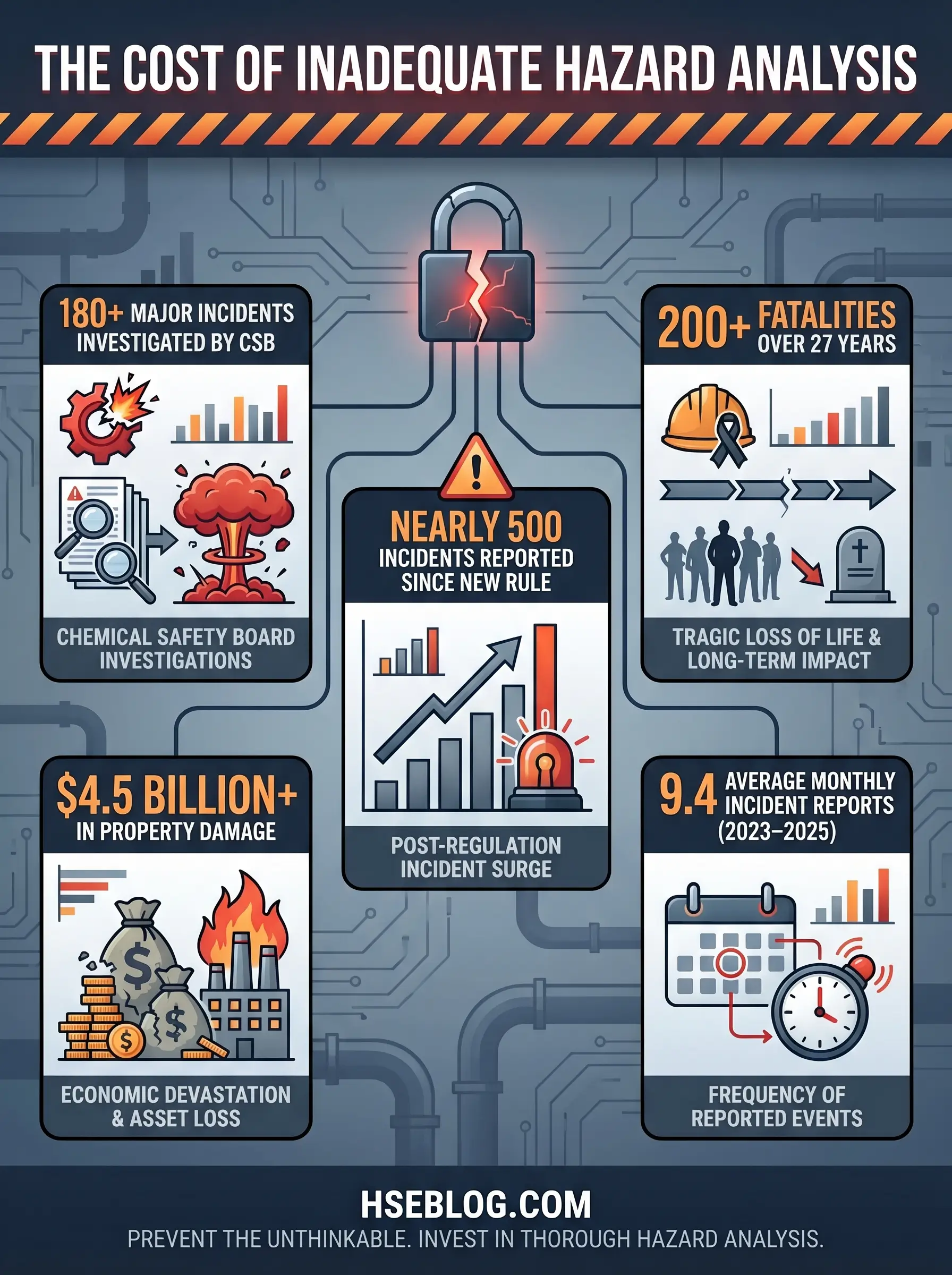 Infographic showing the consequences of inadequate hazard analysis, including 180+ CSB investigations, 200+ fatalities, 500 reported incidents, $4.5 billion in property damage, and 9.4 monthly incident reports since new safety regulations.