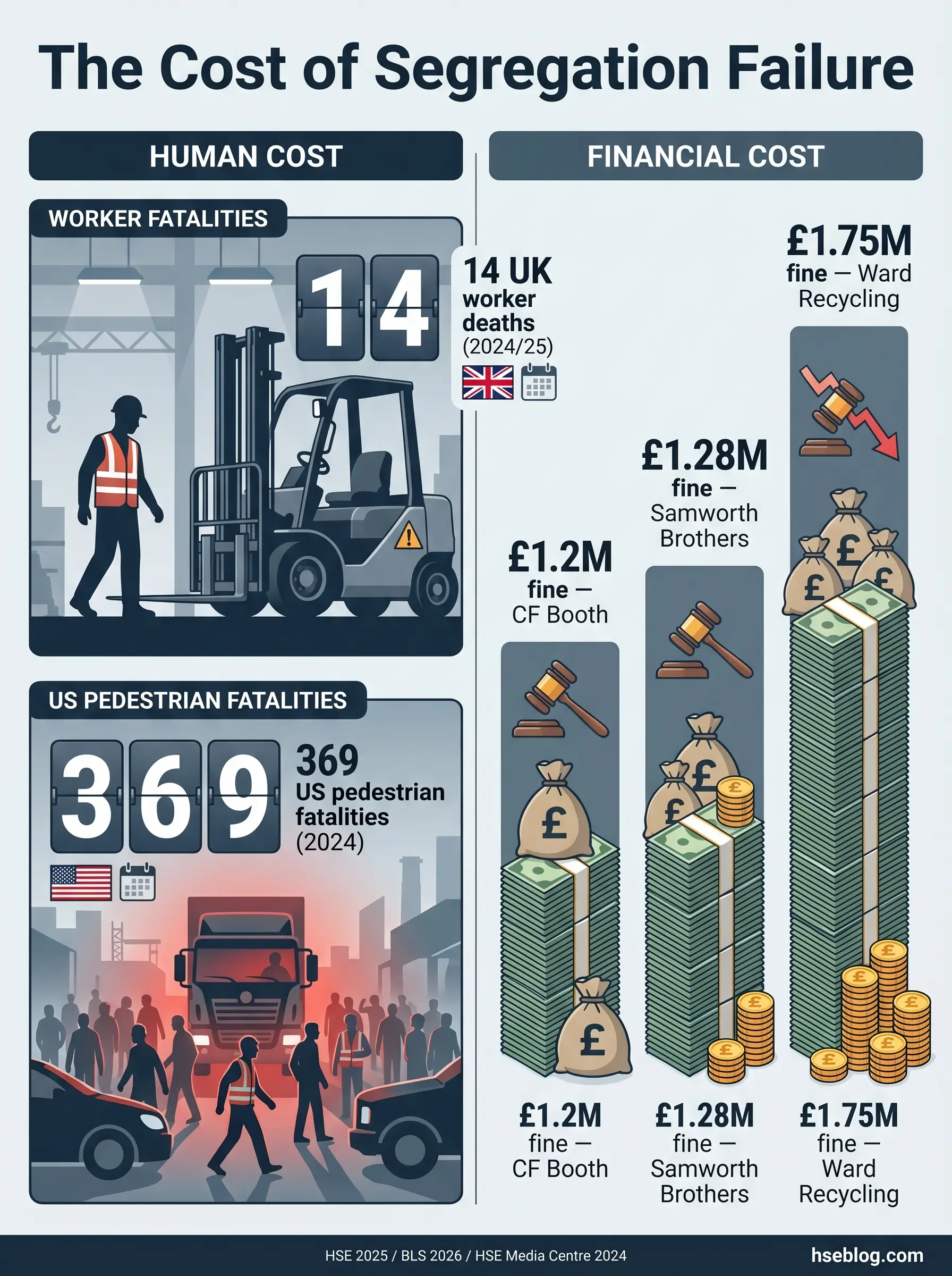 Infographic showing the human and financial costs of segregation failure, including UK worker fatalities, US pedestrian deaths, and company fines for safety violations.