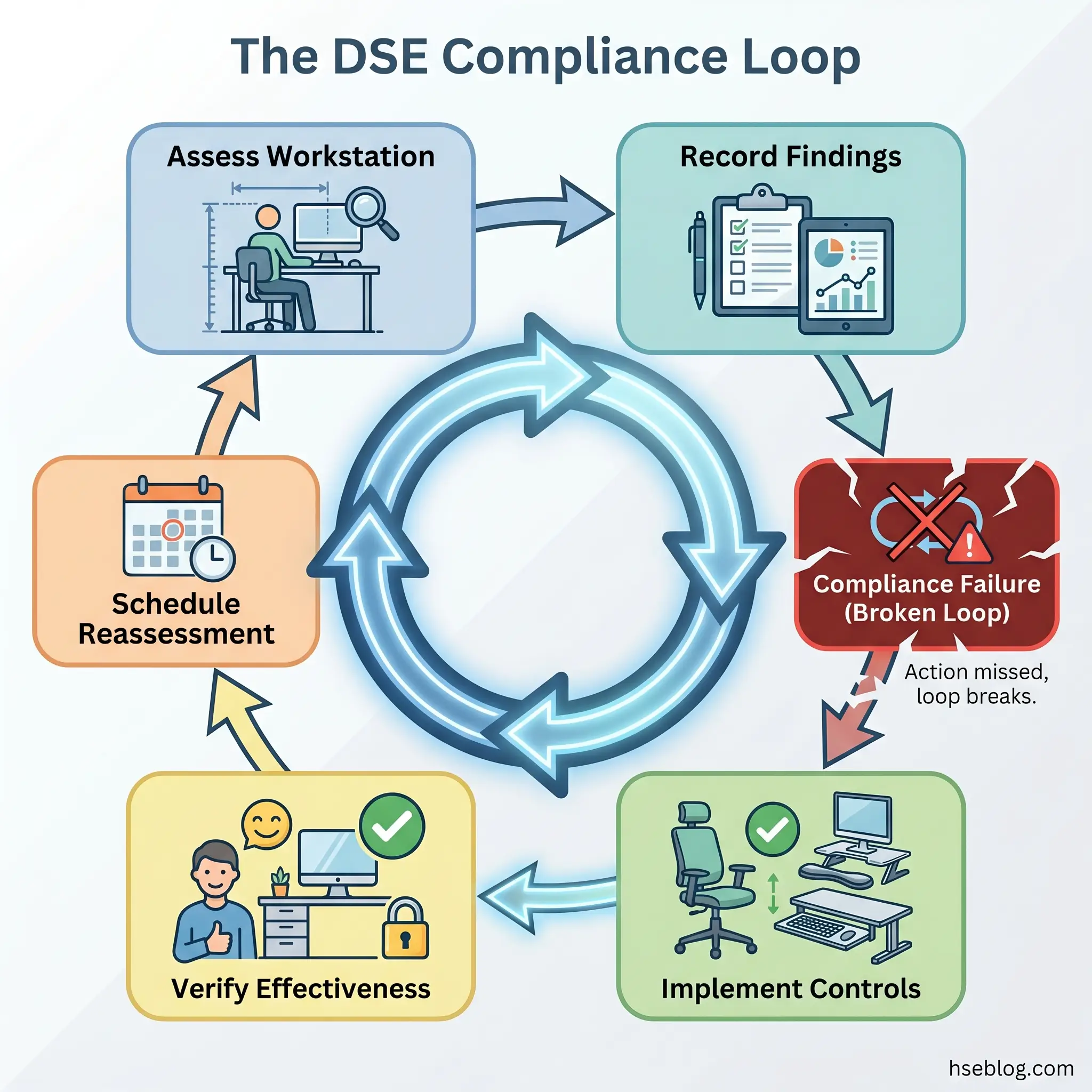 Circular diagram showing the DSE compliance loop with six stages: assess workstation, record findings, implement controls, verify effectiveness, schedule reassessment, and compliance failure as a broken loop outcome.
