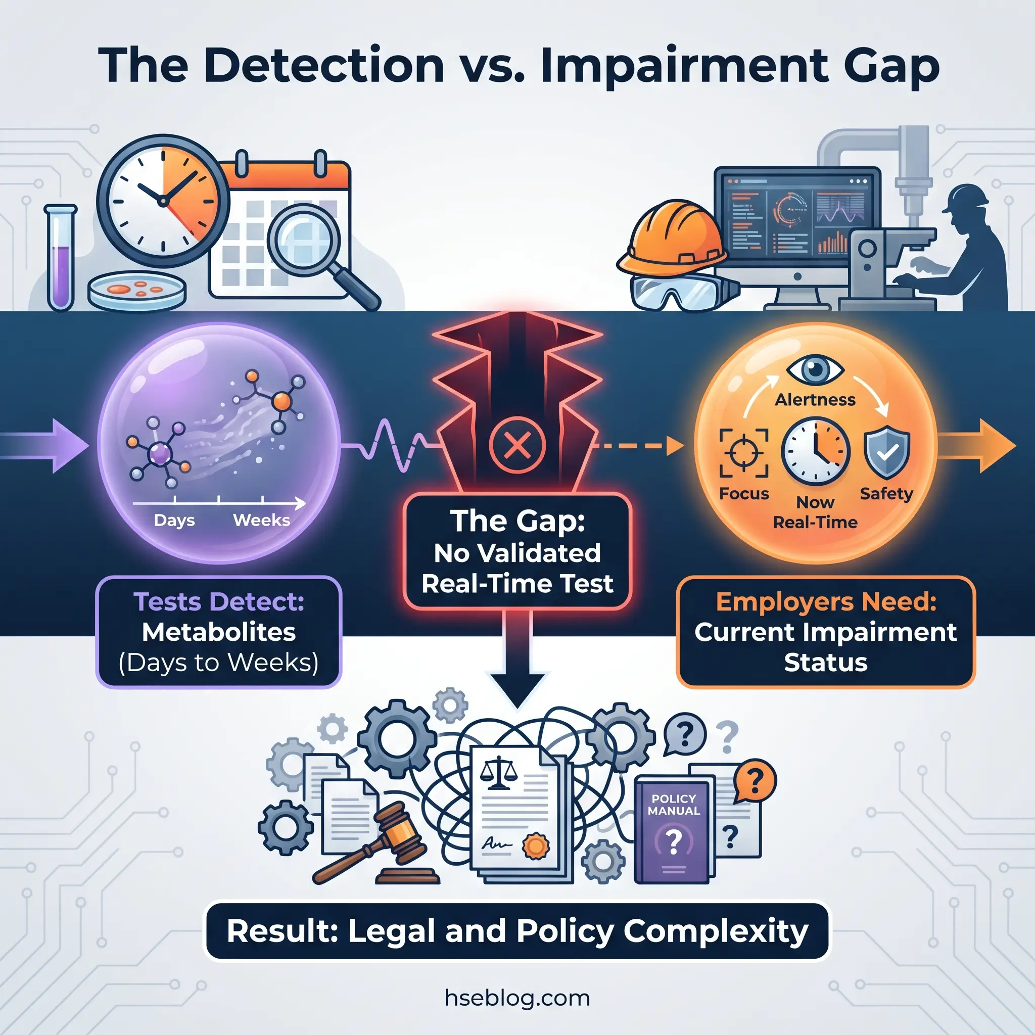 Infographic showing the detection versus impairment gap in workplace drug testing, illustrating how tests detect metabolites over days to weeks while employers need real-time impairment status, creating legal and policy challenges.