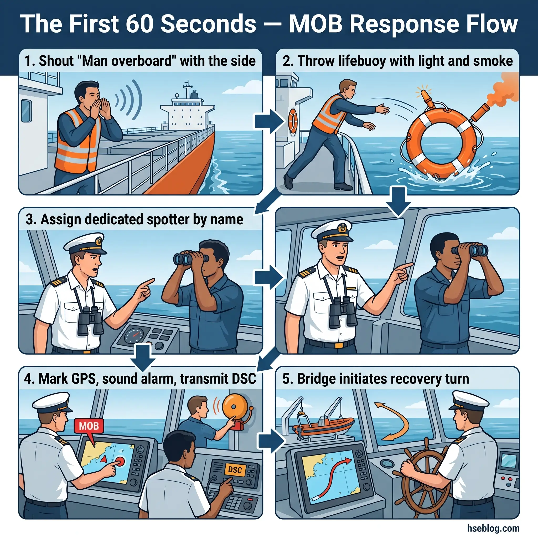 Illustrated step-by-step guide showing a ship's crew responding to a man overboard emergency, from initial alert through lifebuoy deployment, spotter assignment, GPS marking, and bridge maneuvering to initiate rescue.