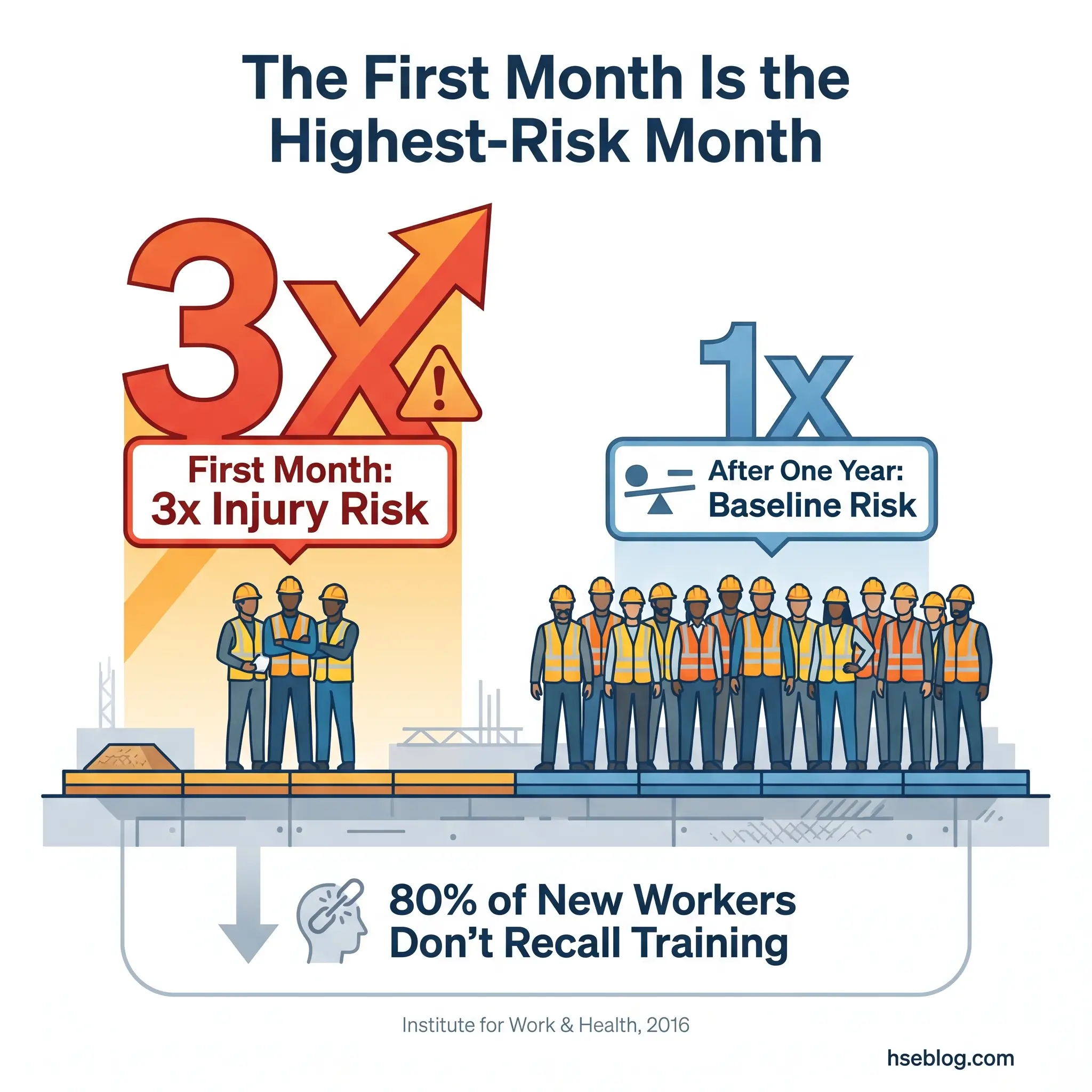 Infographic showing workplace safety statistics: new workers face 3x injury risk in their first month compared to 1x baseline risk after one year, with 80% of new workers not recalling training.