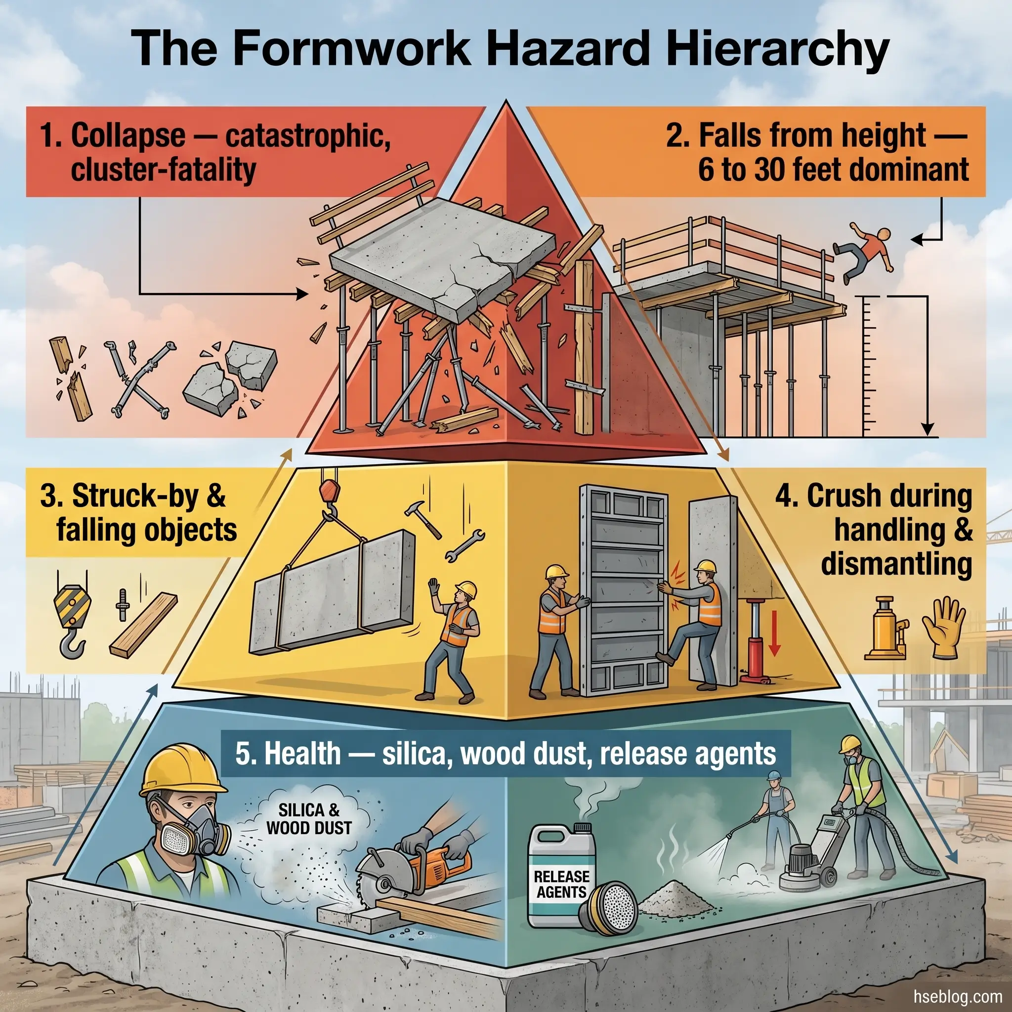 Pyramid diagram illustrating the five-level formwork hazard hierarchy, from catastrophic collapse at the top to health hazards at the base, with construction workers and safety illustrations.