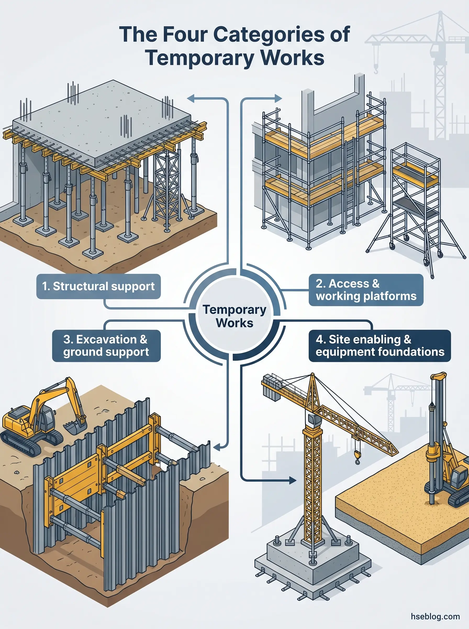 Infographic showing the four categories of temporary works in construction: structural support with posts and foundations, access and working platforms with scaffolding, excavation and ground support with shoring, and site enabling with equipment foundations.