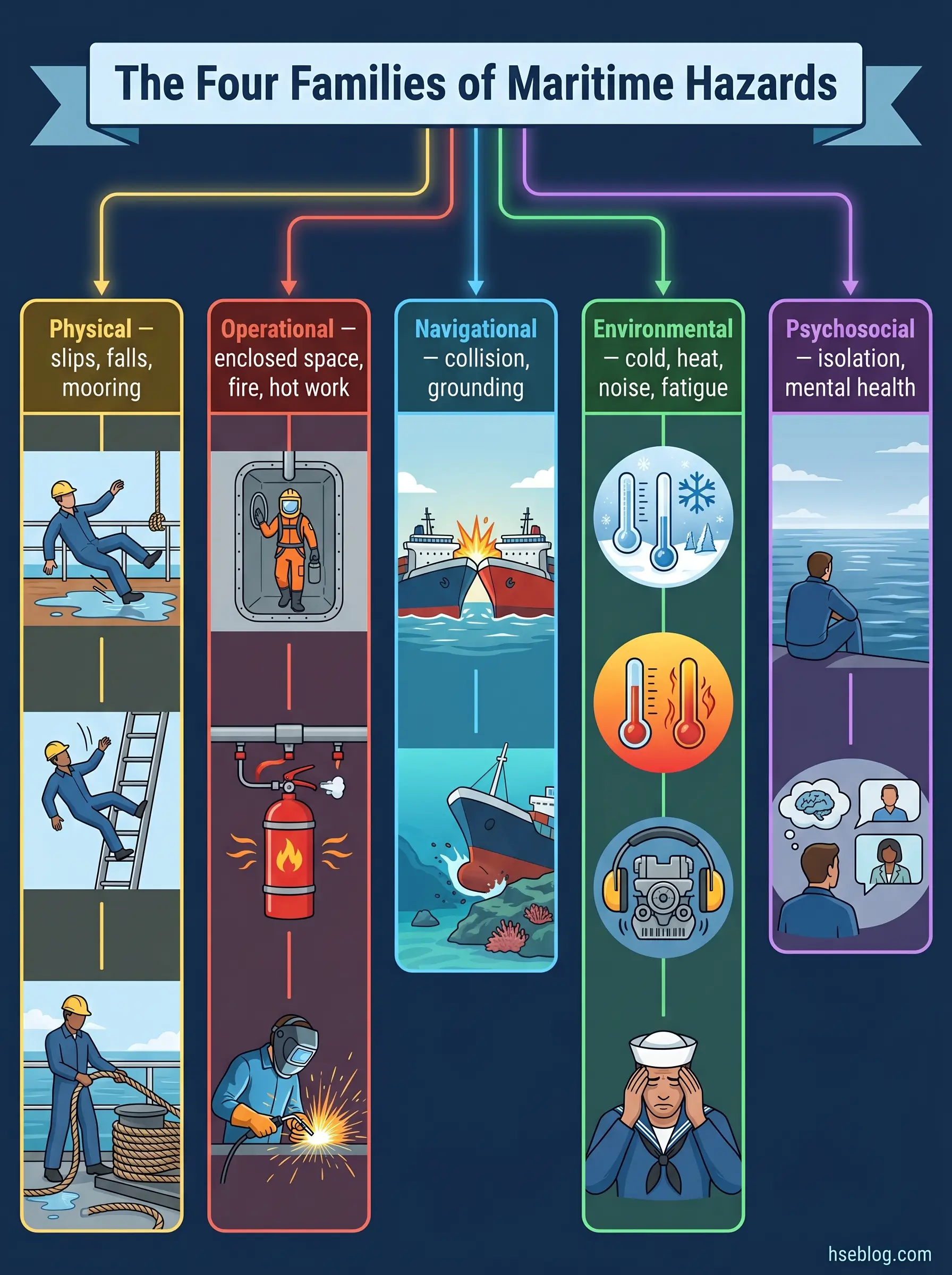 Infographic showing the four families of maritime hazards: Physical hazards like slips and falls, Operational hazards including fire and enclosed spaces, Navigational hazards such as collisions, Environmental hazards from temperature extremes, and Psychosocial hazards involving isolation and mental health.
