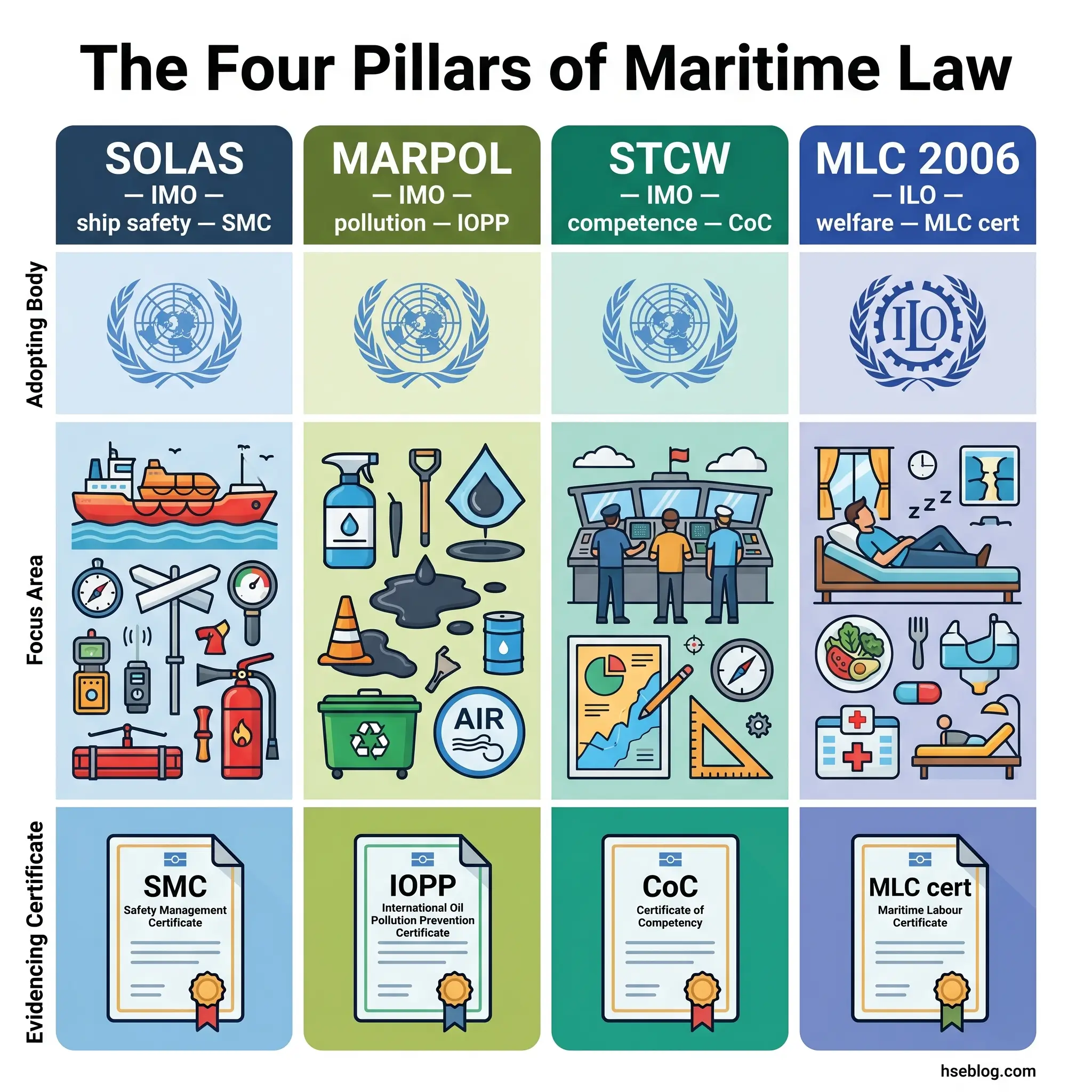 Infographic showing the four pillars of maritime law: SOLAS for ship safety, MARPOL for pollution prevention, STCW for crew competence, and MLC 2006 for seafarer welfare, each with their governing body, focus area, icons, and certificate type.