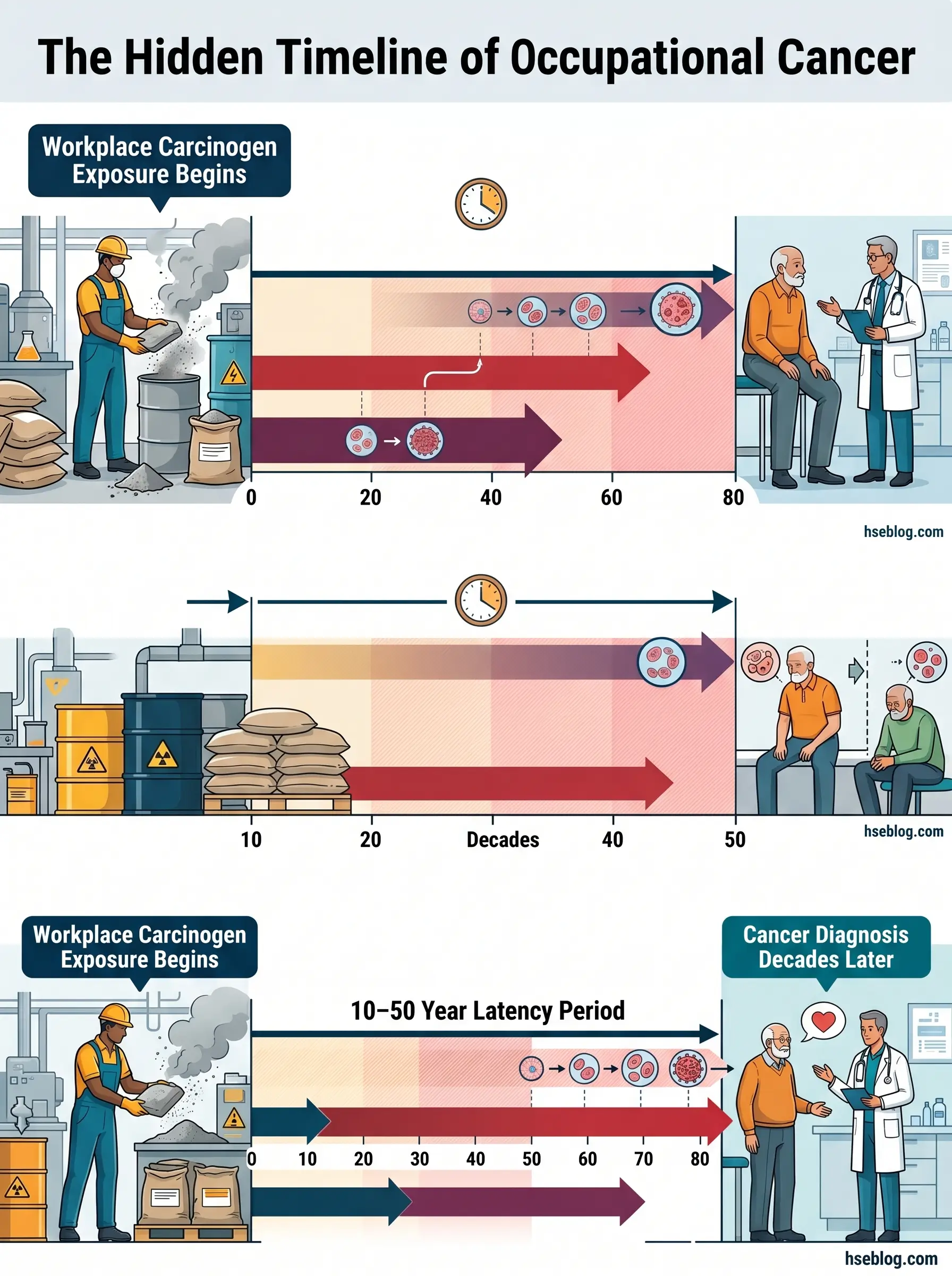 Infographic showing the hidden timeline of occupational cancer development, illustrating how workplace carcinogen exposure begins cellular changes that progress over 10-50 years before cancer diagnosis appears decades later.
