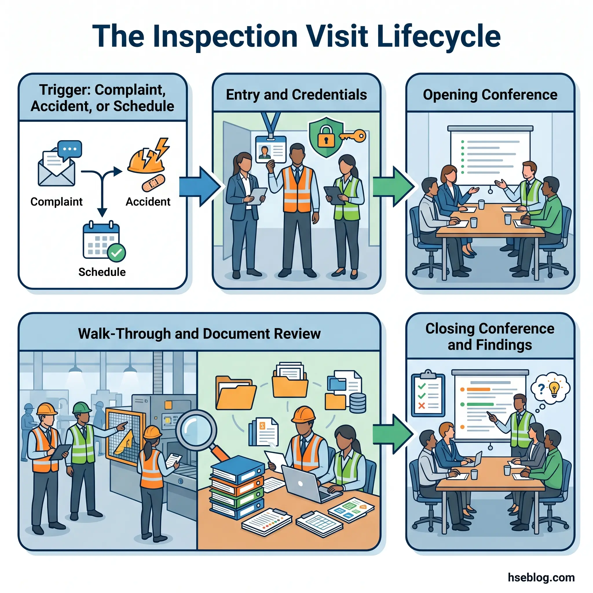 Flowchart illustrating the five stages of an inspection visit lifecycle: initial trigger through complaint or accident, inspector credential verification, opening meeting with stakeholders, workplace walkthrough with documentation, and closing conference presenting findings.