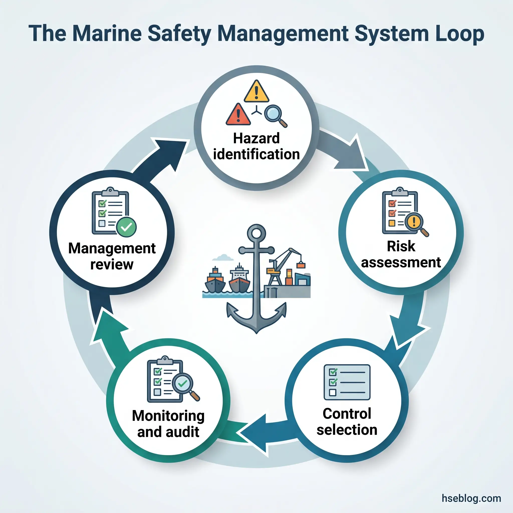 Circular diagram showing the five stages of the Marine Safety Management System Loop: hazard identification, risk assessment, control selection, monitoring and audit, and management review, with a ship and anchor icon at center.