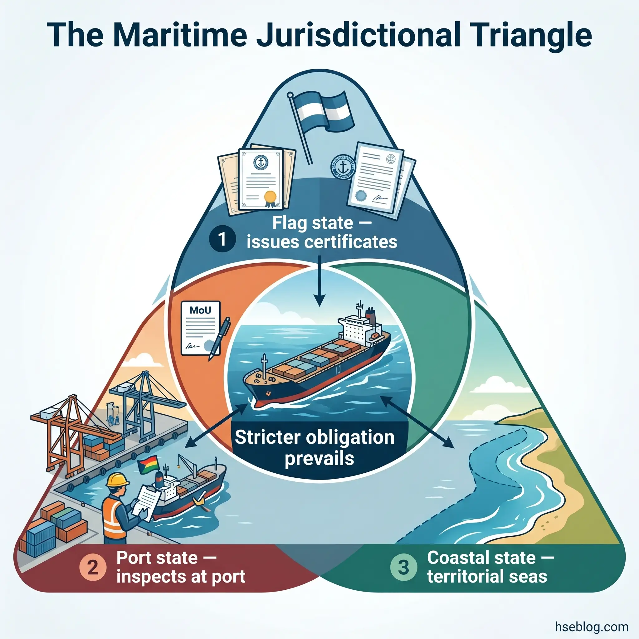 Diagram illustrating the Maritime Jurisdictional Triangle showing three overlapping authorities: flag state issuing certificates, port state inspecting vessels, and coastal state controlling territorial seas, with stricter obligations prevailing in overlap areas.