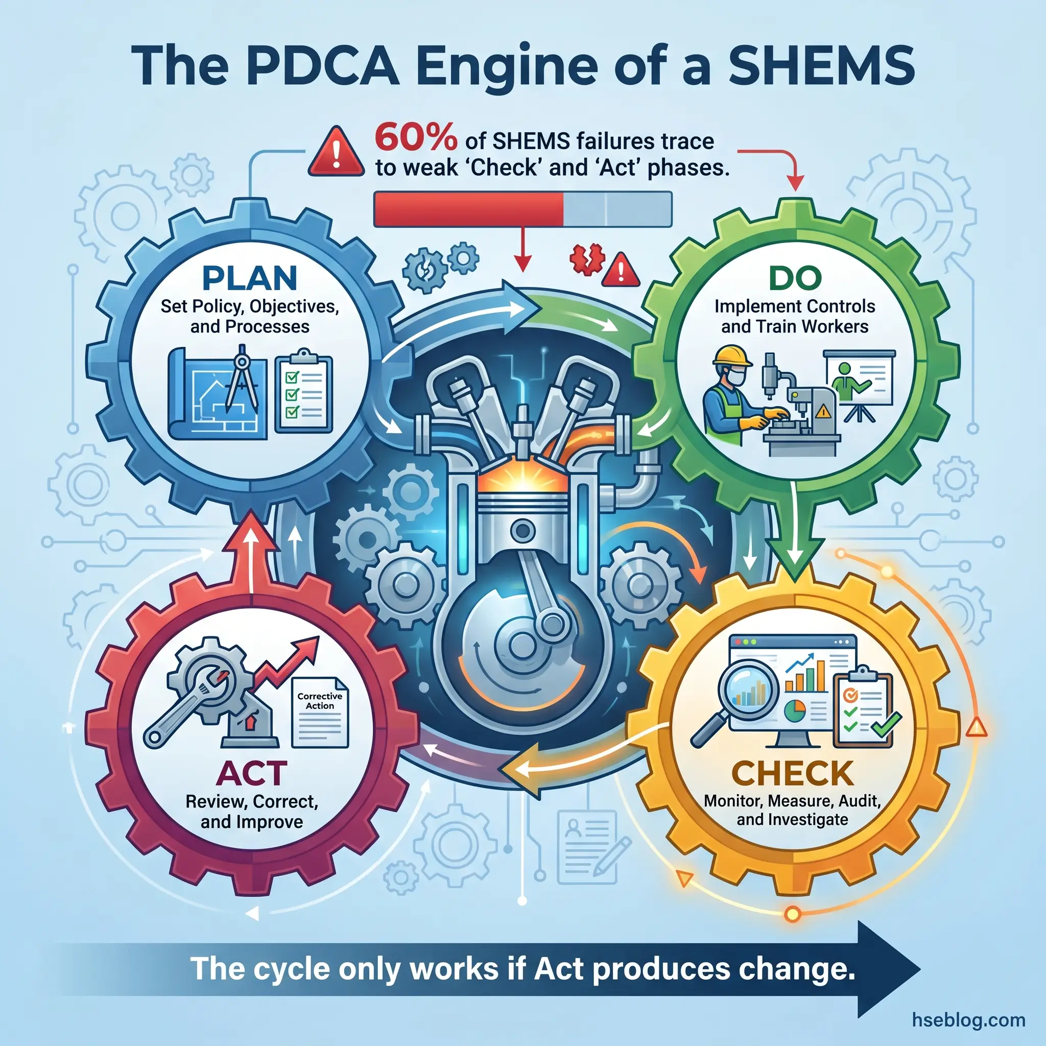 Infographic showing the PDCA cycle (Plan, Do, Check, Act) as gears around a central engine, illustrating that 60% of SHEMS failures stem from weak Check and Act phases, with each phase's key functions labeled.