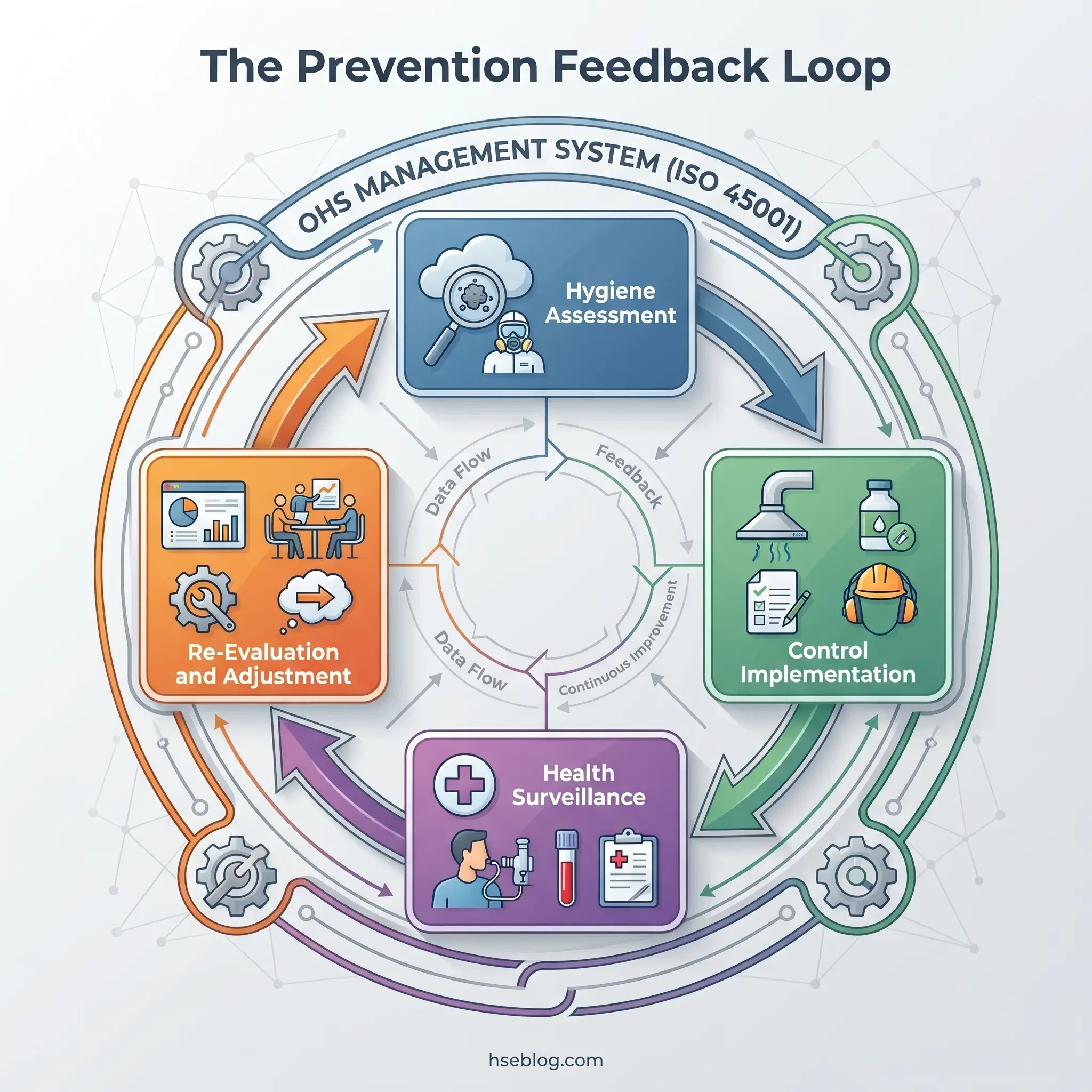 Circular diagram illustrating the Prevention Feedback Loop of an OHS Management System following ISO 45001 standards, showing four interconnected stages: Hygiene Assessment, Control Implementation, Health Surveillance, and Re-Evaluation and Adjustment, with continuous data flow between each phase.