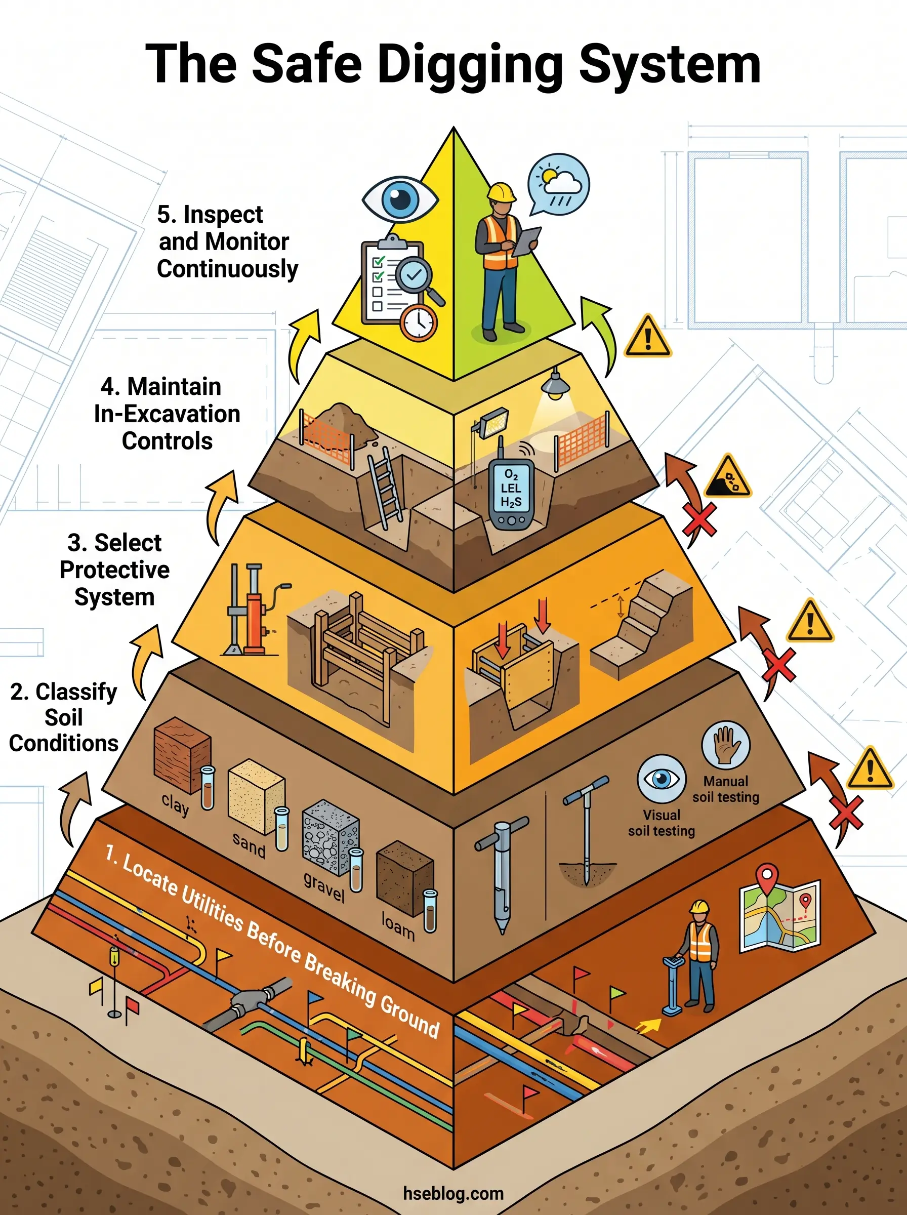 Pyramid diagram showing the five-step Safe Digging System, from locating utilities at the base to inspecting and monitoring at the top, with soil classification, protective systems, and in-excavation controls in between.