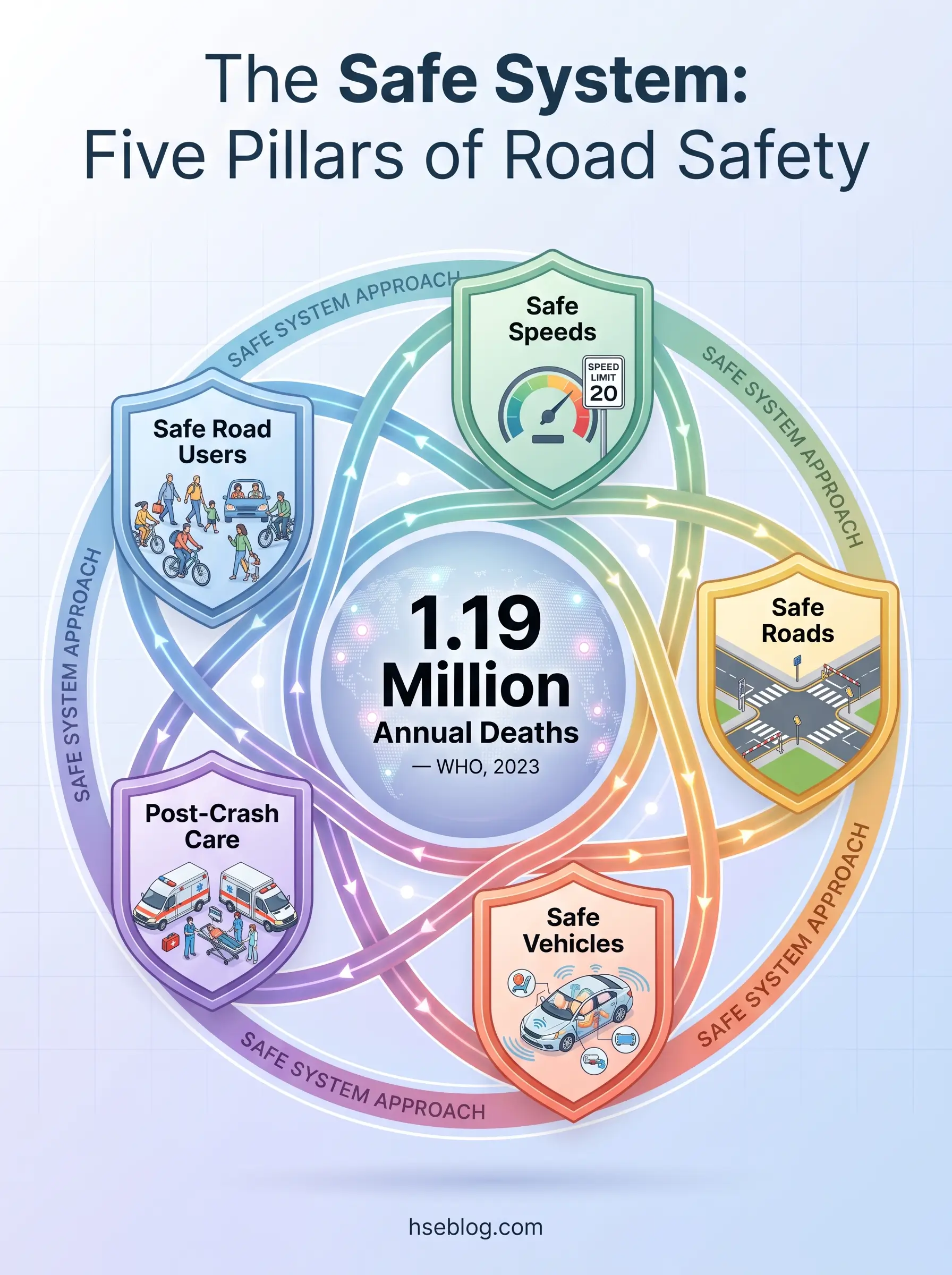 Infographic showing the Safe System's five pillars of road safety: Safe Road Users, Safe Speeds, Safe Roads, Safe Vehicles, and Post-Crash Care, surrounding a central statistic of 1.19 million annual deaths from WHO 2023.