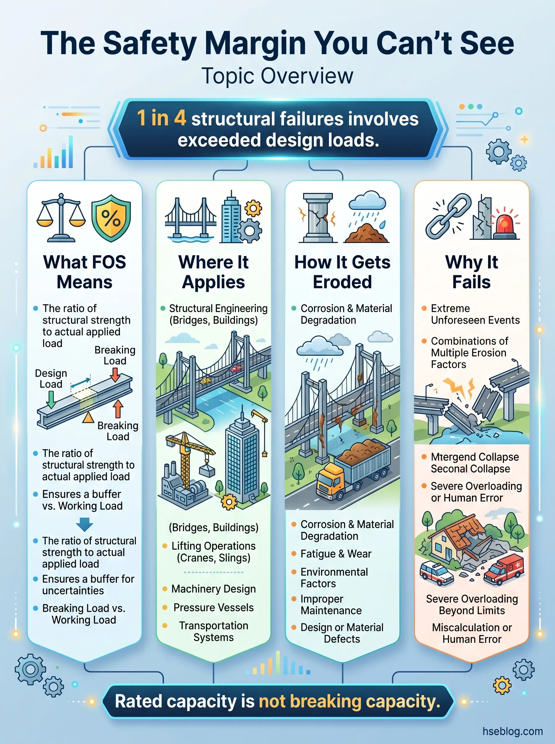Infographic explaining factor of safety in structural engineering, showing how design loads compare to breaking loads, where FOS applies, erosion causes, and failure mechanisms in bridges and buildings.