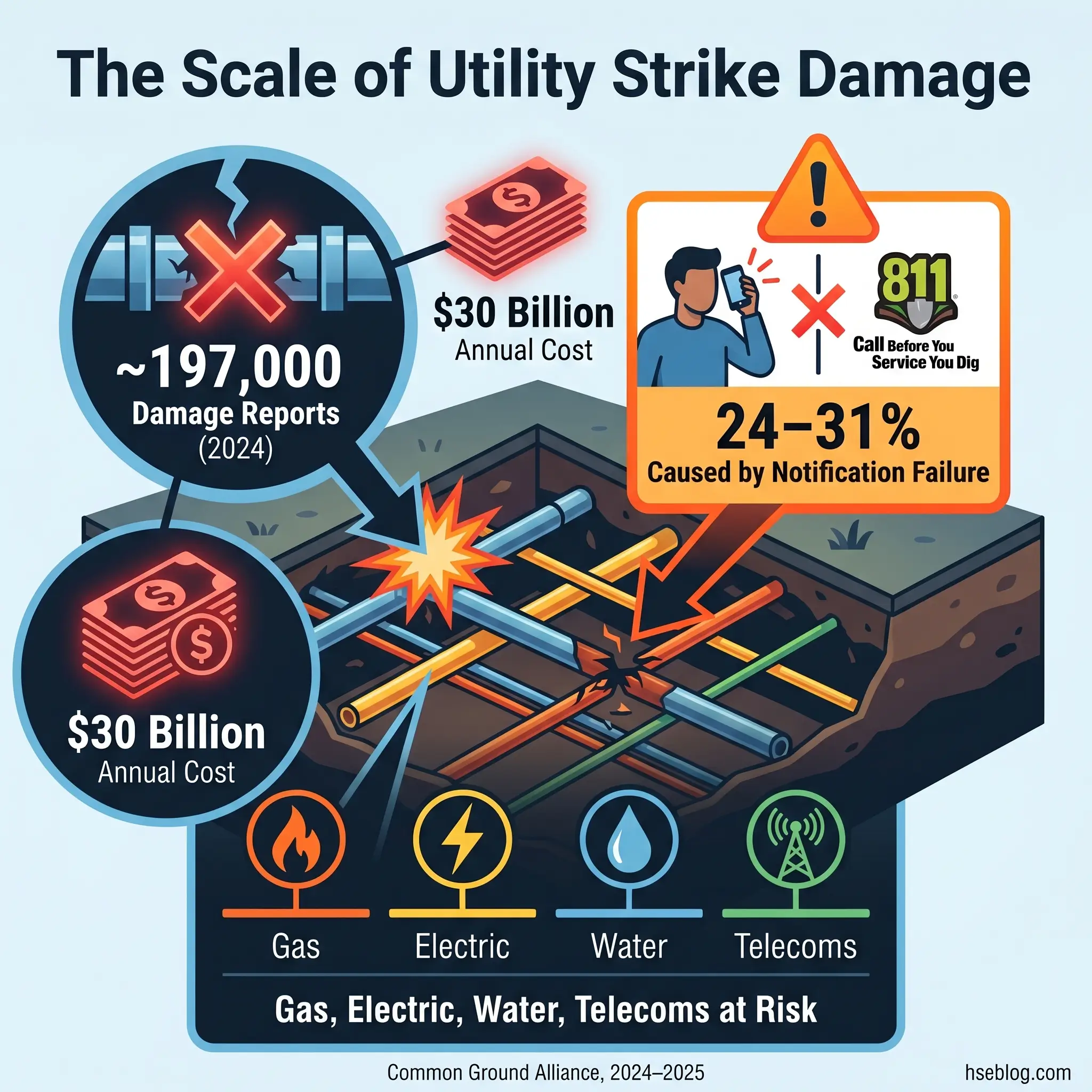 Infographic showing utility strike damage statistics with 197,000 damage reports in 2024, $30 billion annual cost, and 24-31% caused by notification failures, affecting gas, electric, water, and telecom infrastructure.
