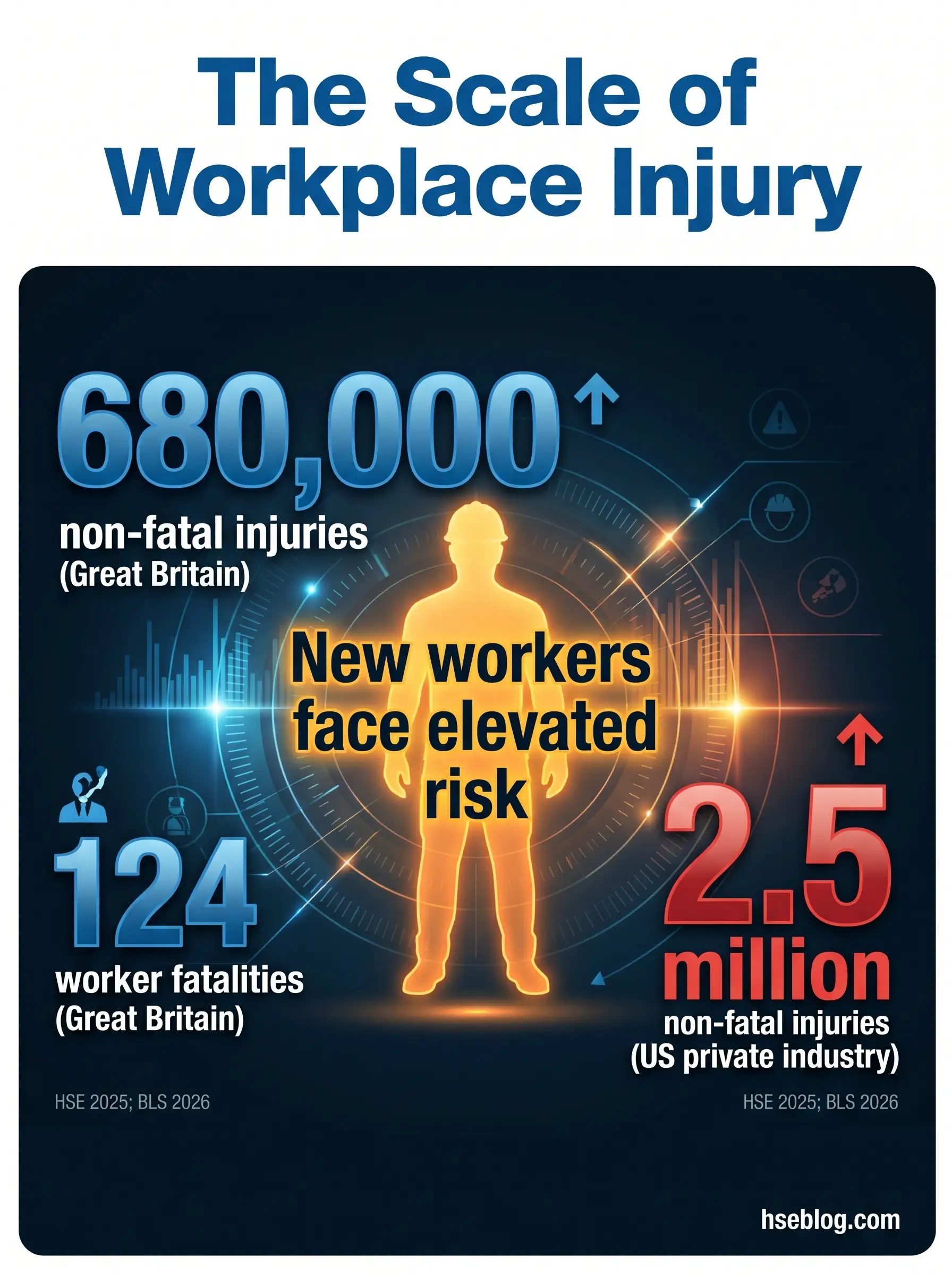 Infographic showing workplace injury statistics: 680,000 non-fatal injuries in Great Britain, 124 worker fatalities, and 2.5 million non-fatal injuries in US private industry, with text noting new workers face elevated risk.