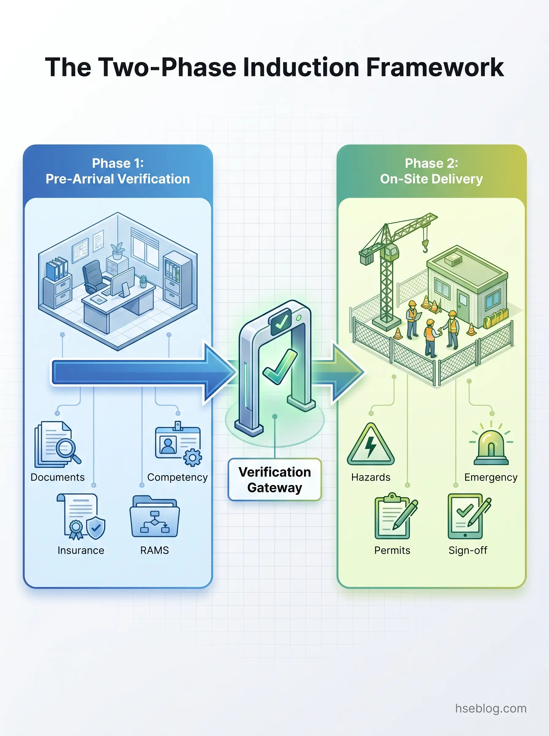 Diagram showing the Two-Phase Induction Framework with Phase 1 Pre-Arrival Verification including documents, competency, insurance and RAMS checks, and Phase 2 On-Site Delivery covering hazards, emergency procedures, permits and sign-off requirements, separated by a verification gateway.