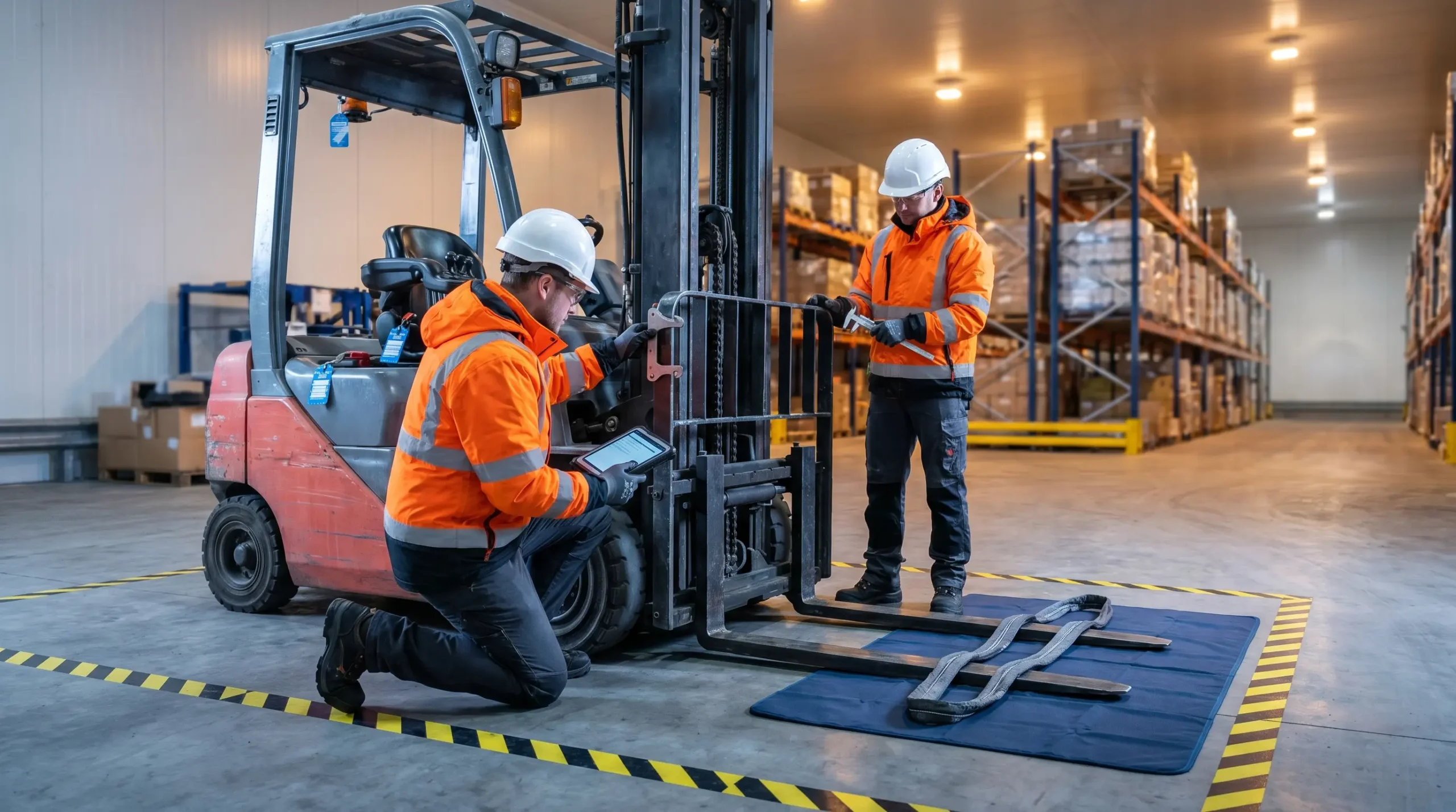 Two warehouse workers in orange safety vests and hard hats inspect a red forklift on a marked loading area, with one operating the equipment and another monitoring with a digital device.
