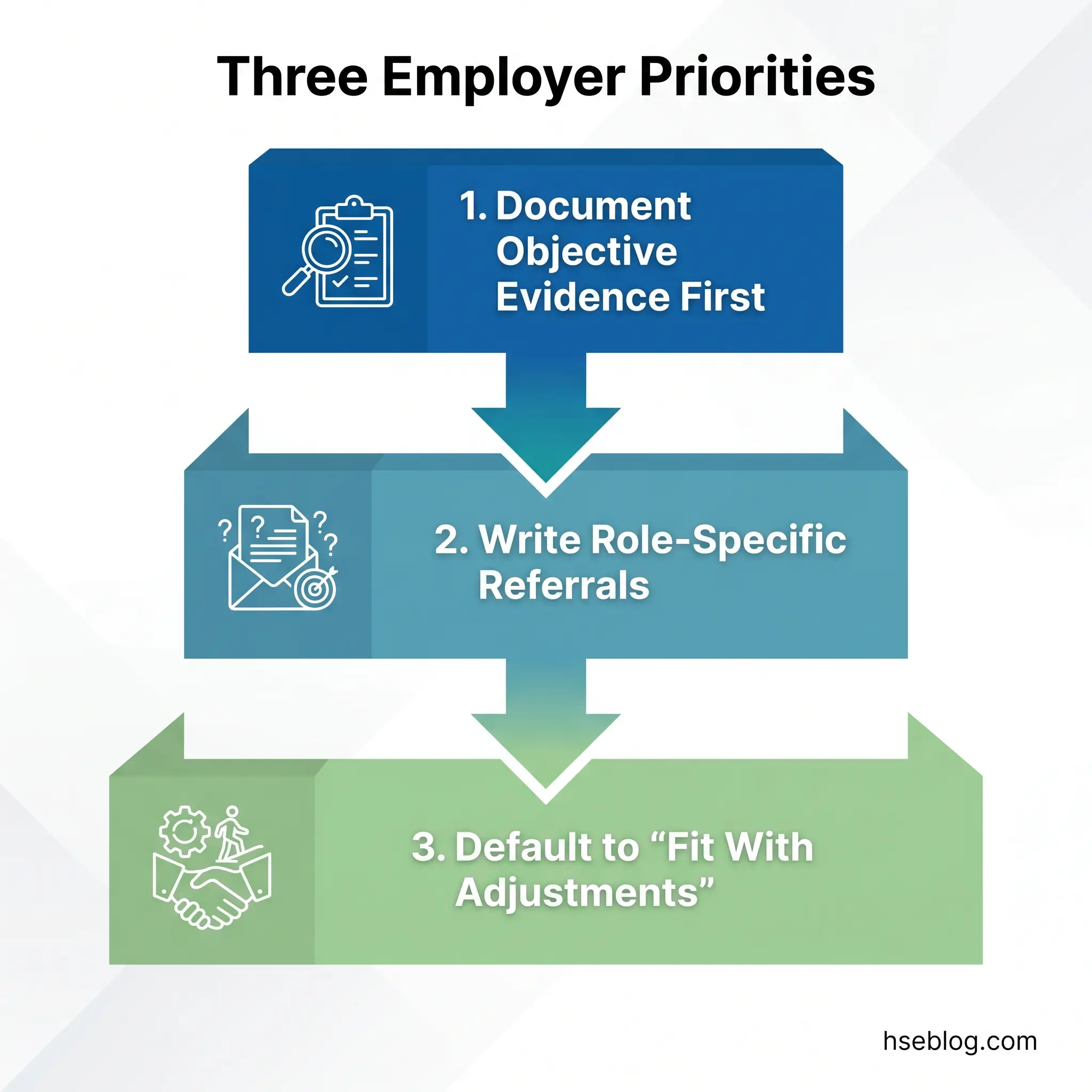 Flowchart showing three employer priorities in descending order: document objective evidence first, write role-specific referrals second, and default to fit with adjustments third, each with corresponding icons.