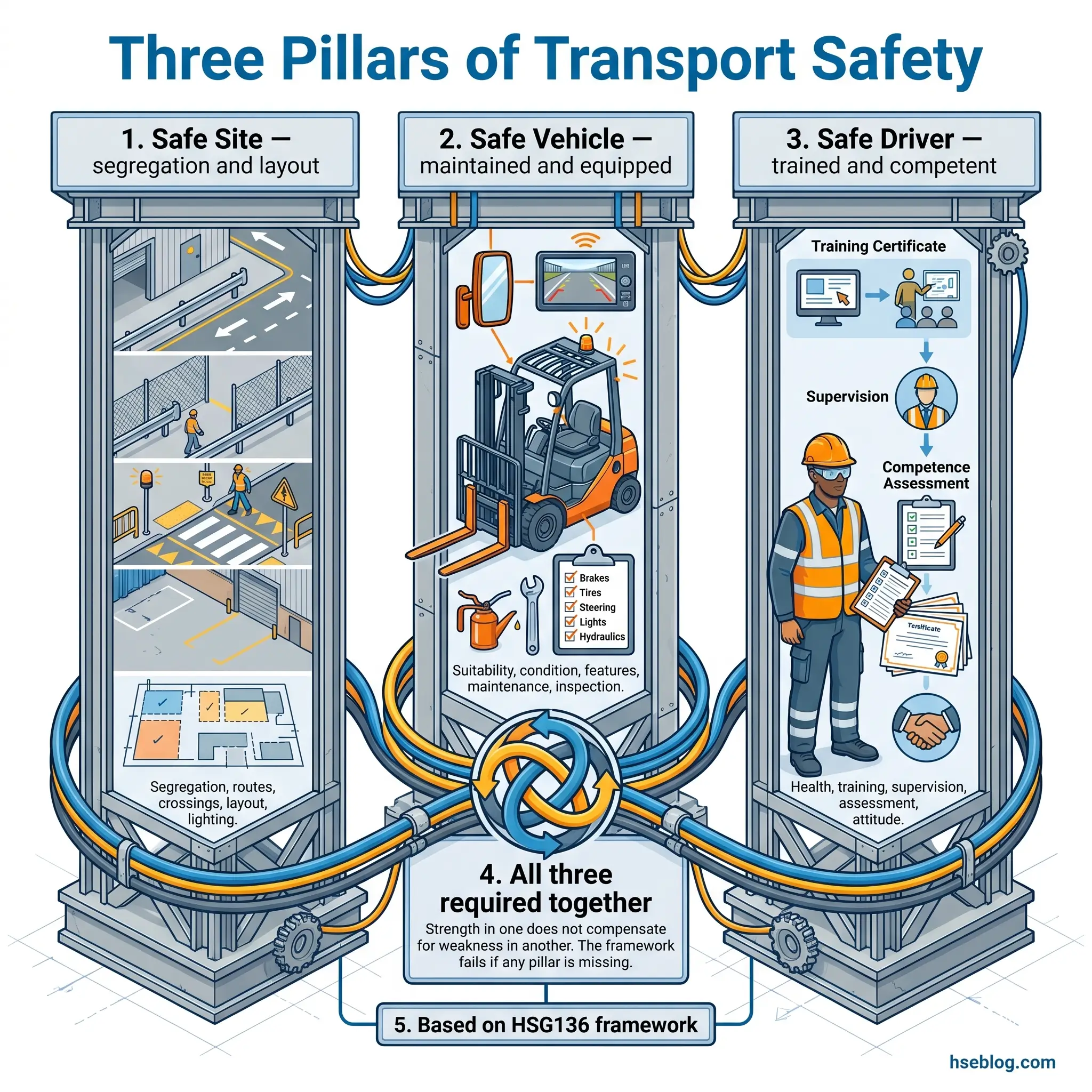 Infographic illustrating the Three Pillars of Transport Safety: Safe Site covering segregation and layout, Safe Vehicle covering maintenance and equipment, and Safe Driver covering training and competence, all interconnected as required elements based on the HSG136 framework.
