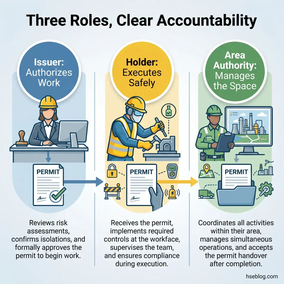Infographic showing three distinct roles in permit management: Issuer authorizes work, Holder executes safely, and Area Authority manages the space, each with specific responsibilities and accountability.