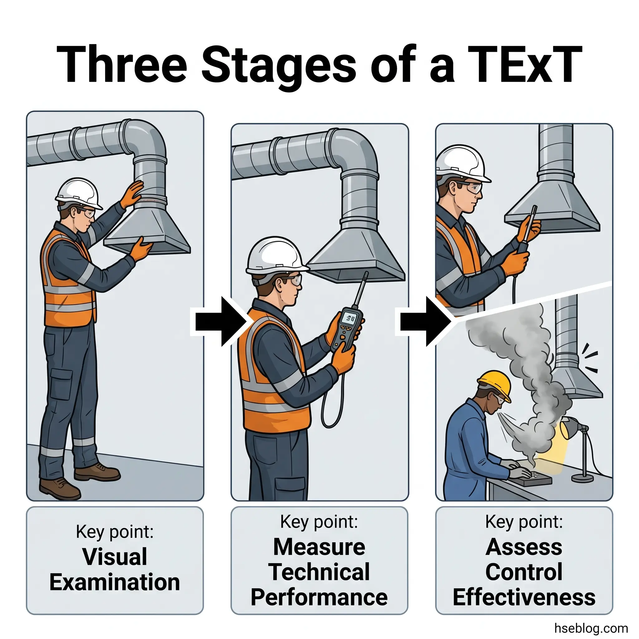 Three stages of HVAC testing showing a technician performing visual examination of ductwork, measuring technical performance with a meter, and assessing control effectiveness while smoke testing air output.