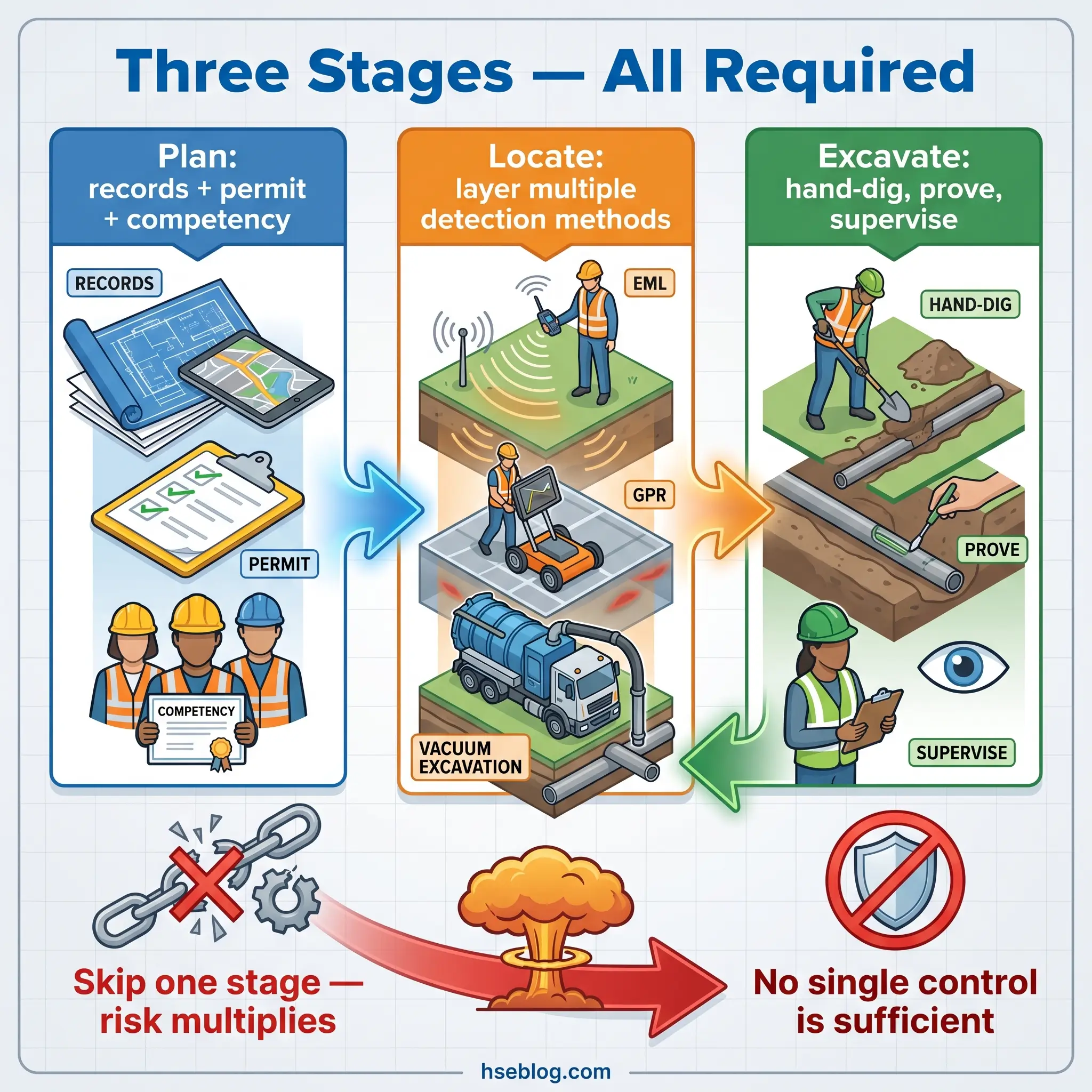 Infographic showing three required stages for safe underground excavation: planning with records and permits, locating utilities using multiple detection methods, and excavating with hand-digging and supervision.