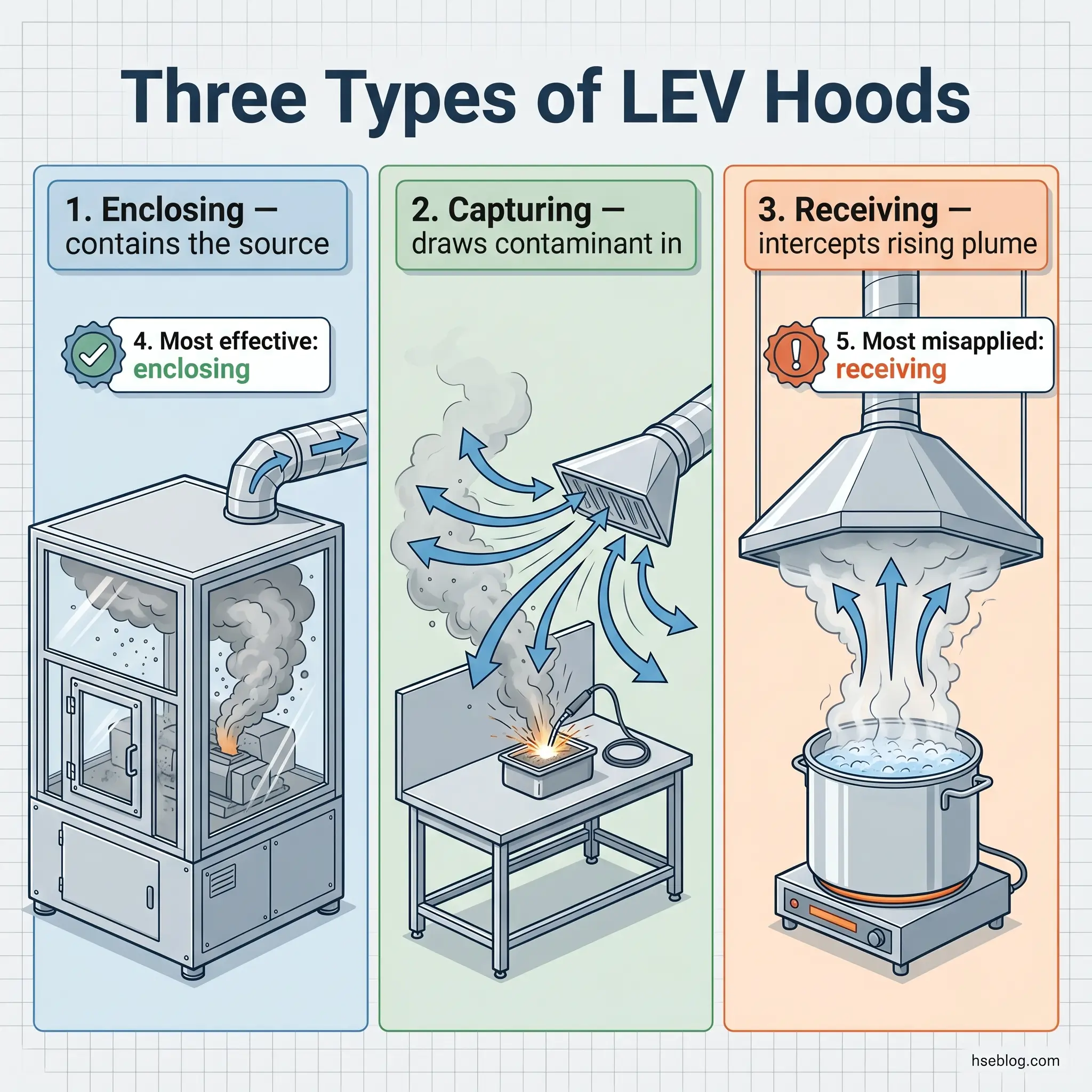 Infographic showing three types of laboratory exhaust hoods: enclosing hoods that contain fume sources, capturing hoods that draw in contaminants, and receiving hoods that intercept rising plumes, with enclosing identified as most effective and receiving as most misapplied.