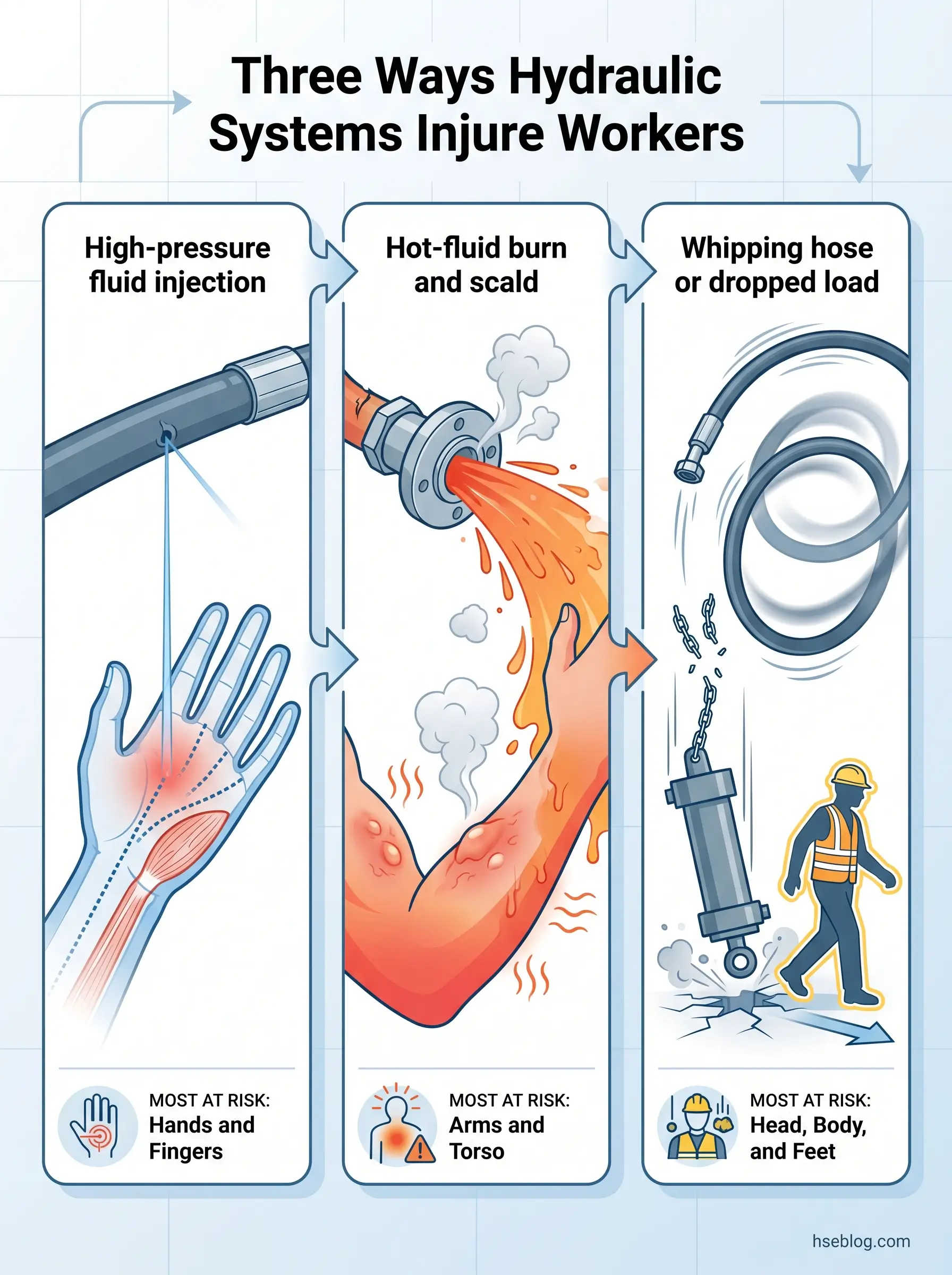 Infographic illustrating three hazards of hydraulic systems: high-pressure fluid injection causing hand injuries, hot-fluid burns to arms and torso, and whipping hoses or dropped loads affecting head and body.