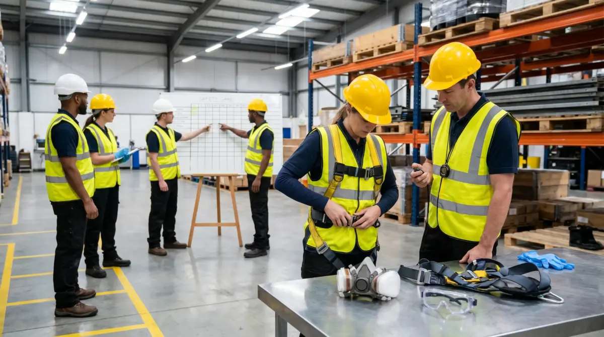 Workers in safety gear conduct a training session in a warehouse, with one group examining protective equipment at a table while others discuss safety procedures near a chart in the background.